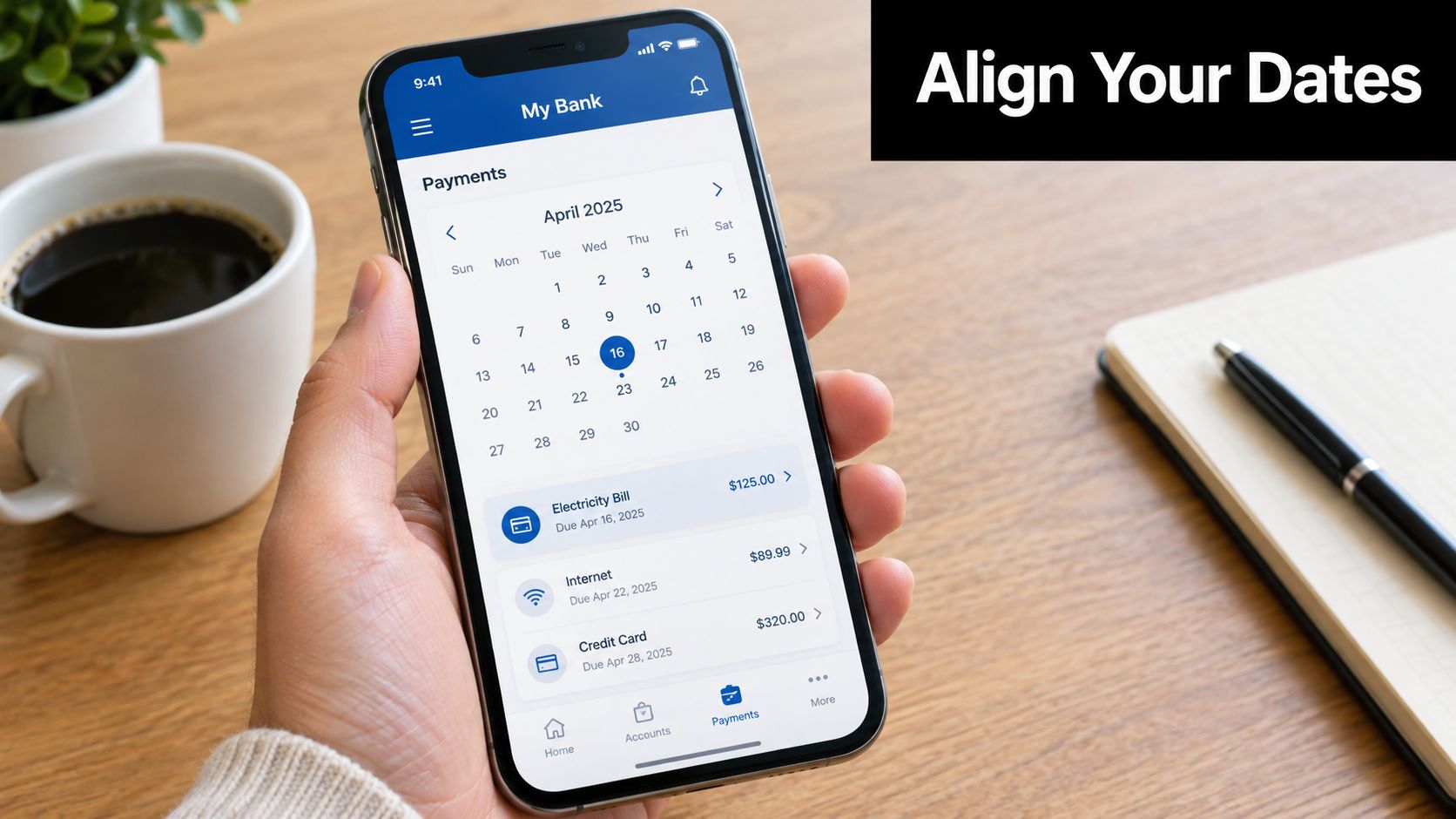 A person holding a smartphone displaying a banking app calendar screen for scheduling bill payments.