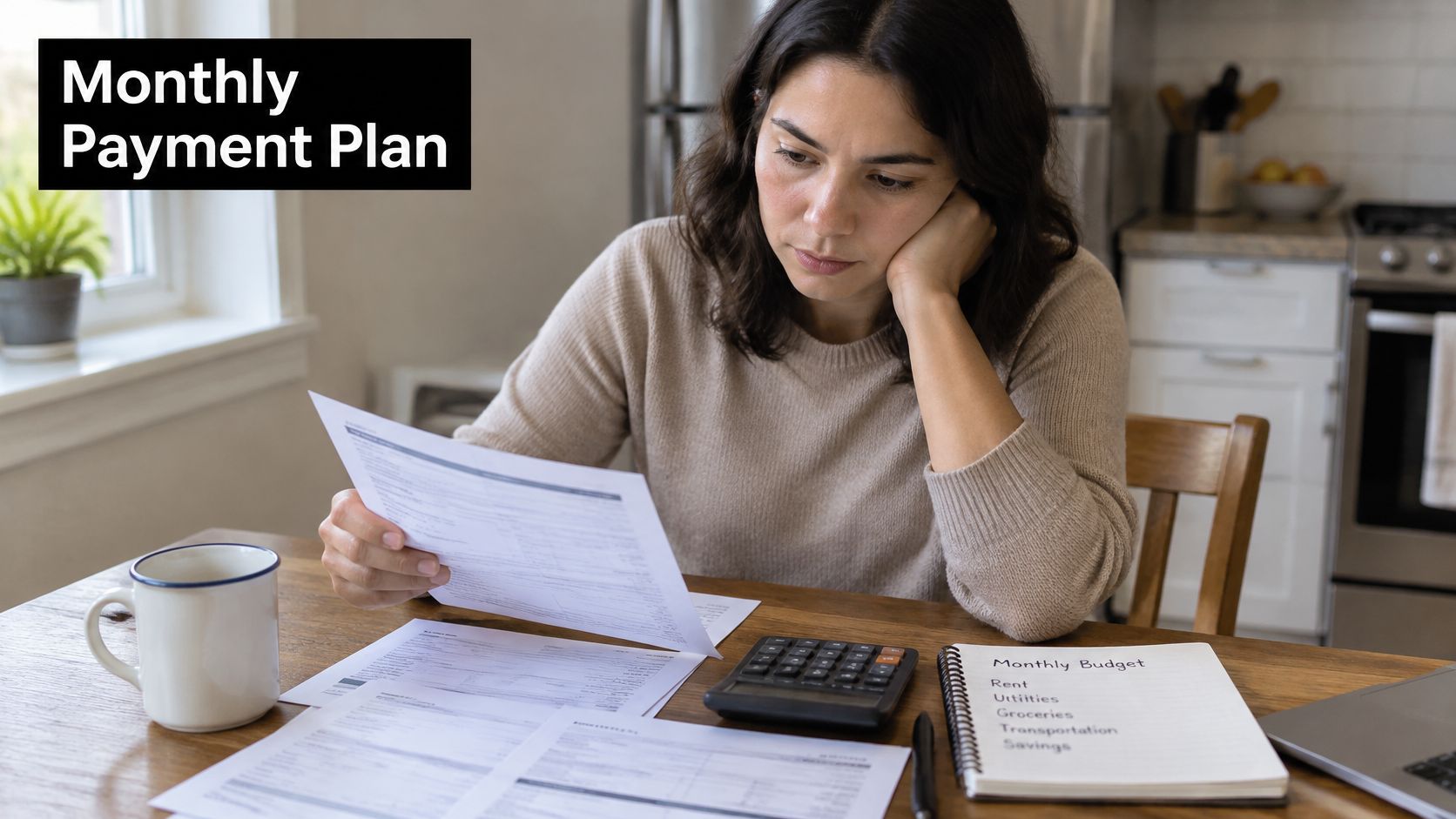 A concerned woman sits at a wooden table looking over bills and planning her monthly budget.