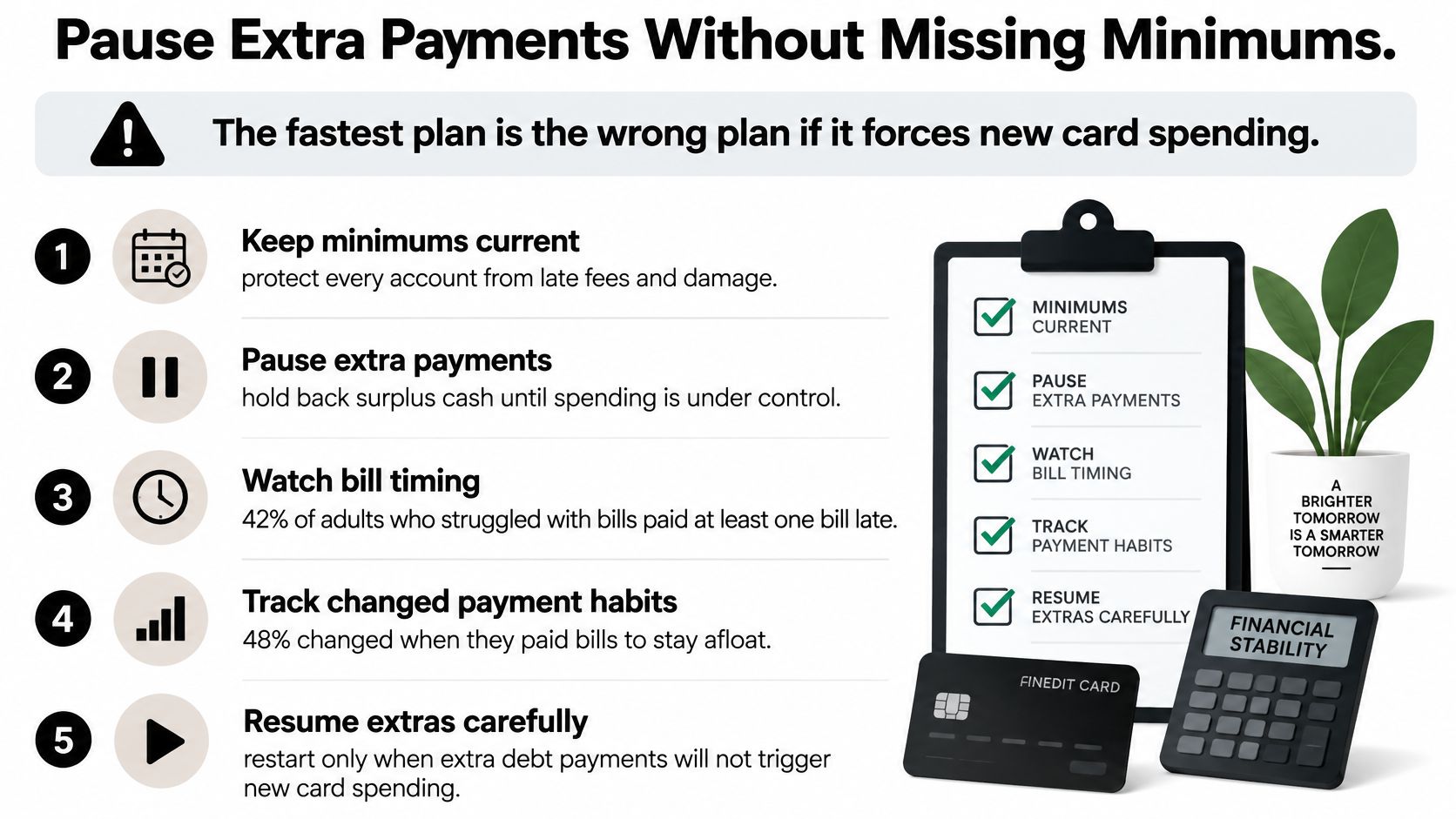 An infographic showing five steps to pause extra debt payments while keeping minimum account payments current.