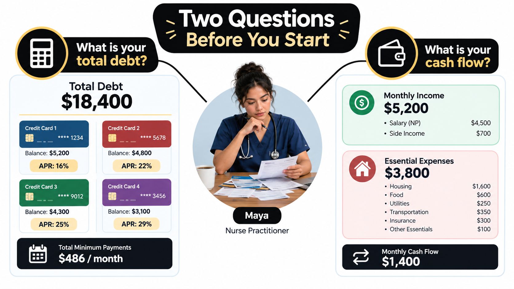A financial infographic showing a nurse planning her debt payoff strategy with debt and budget details.