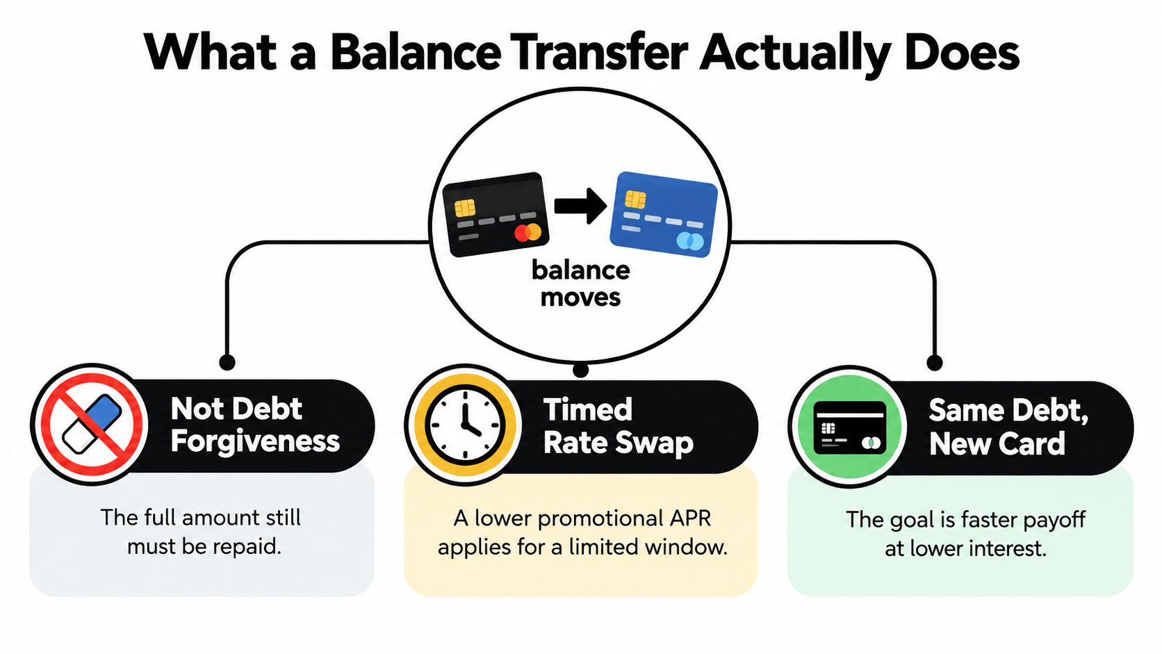 An infographic explaining how a credit card balance transfer moves debt to a lower interest account.