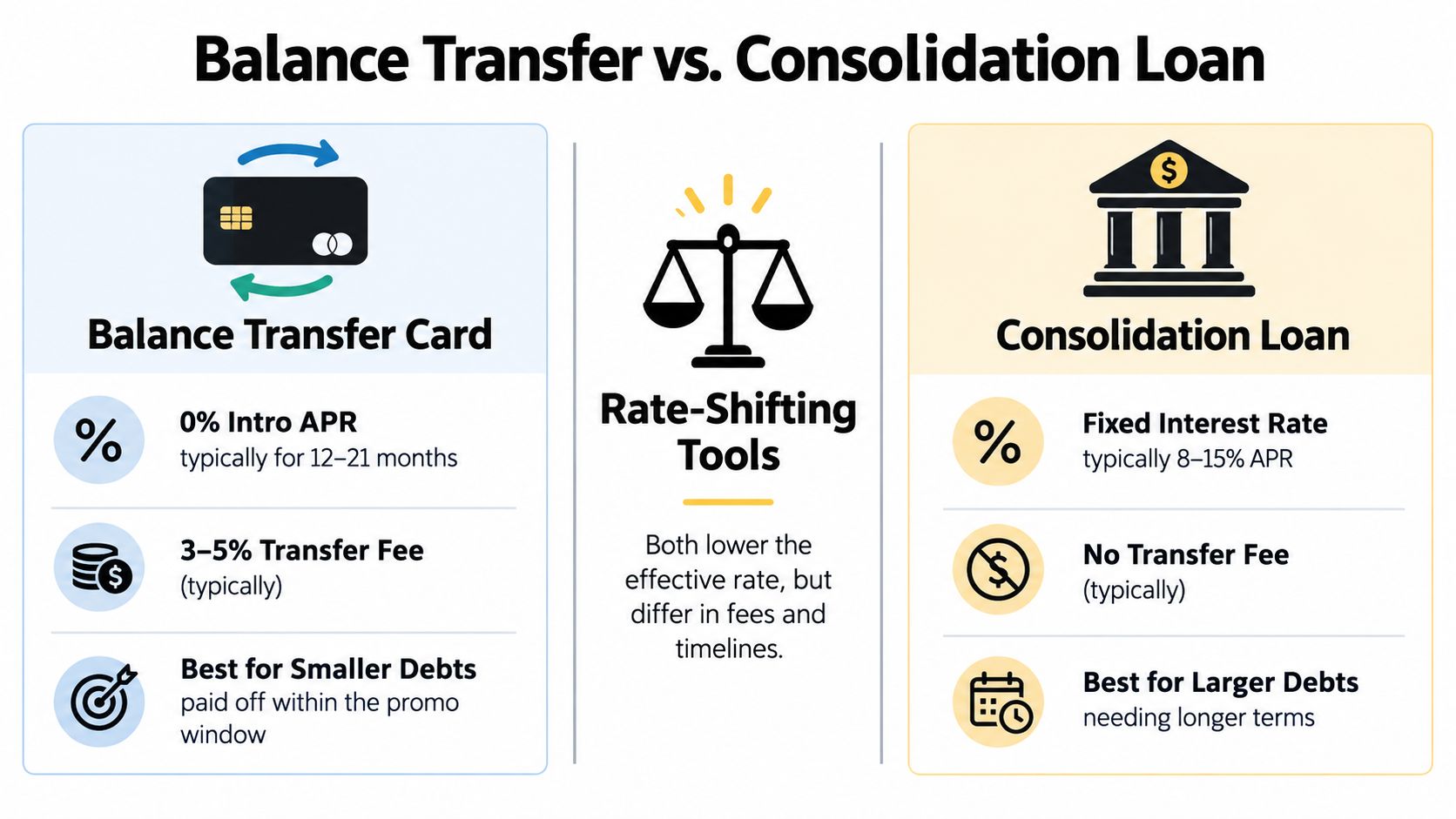 A comparison chart explaining the differences between using a balance transfer card versus a debt consolidation loan.