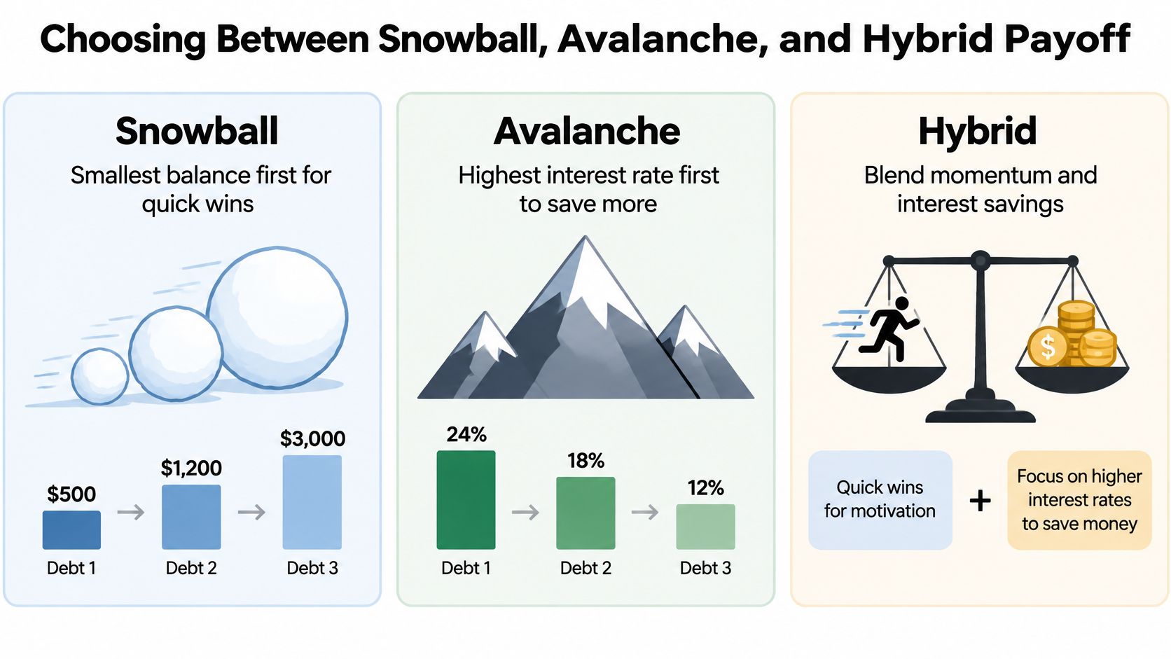 An infographic showing the Snowball, Avalanche, and Hybrid methods for paying off multiple personal debts effectively.