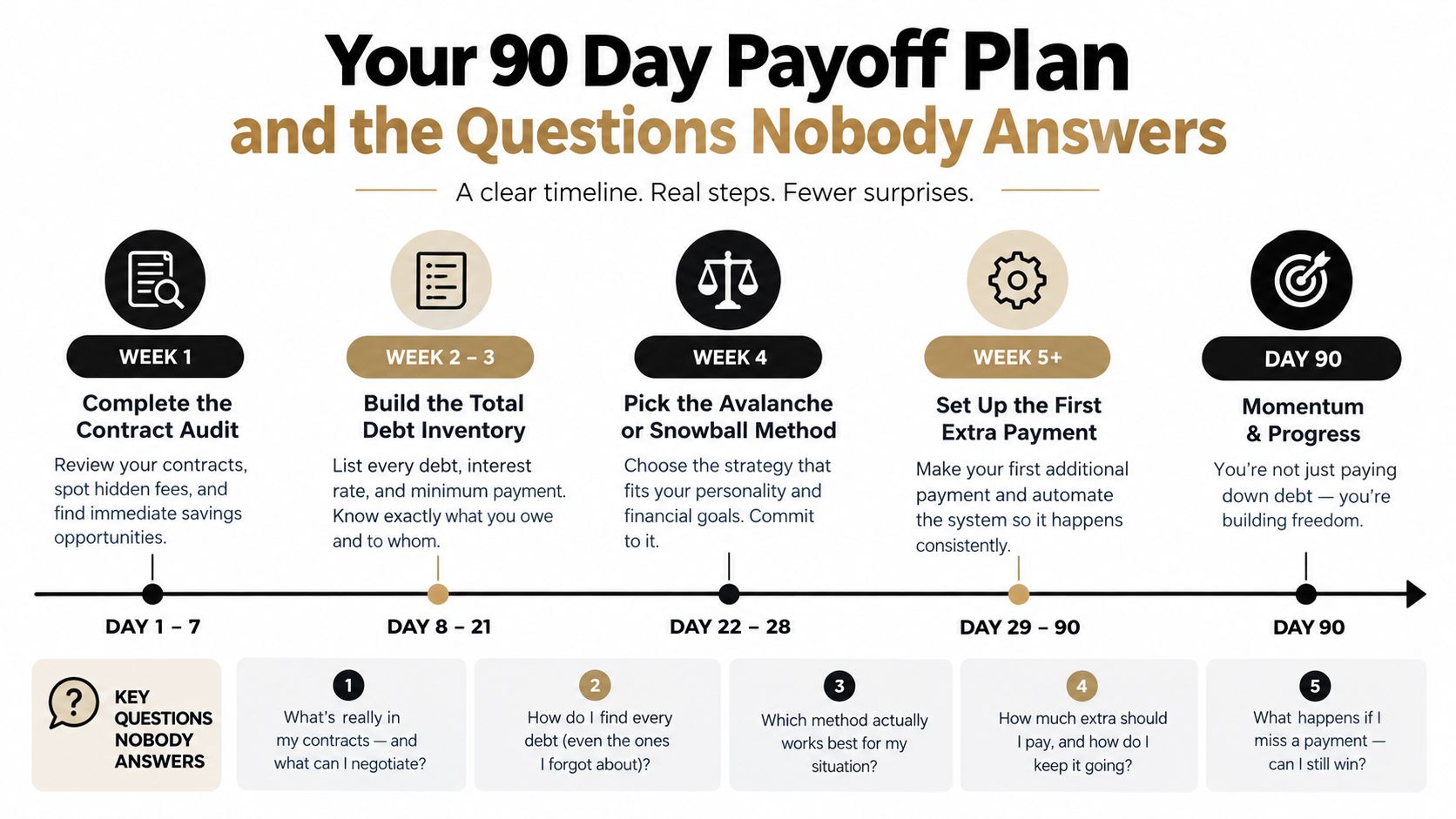 A 90-day step-by-step debt payoff plan infographic detailing actions from auditing contracts to building repayment momentum.