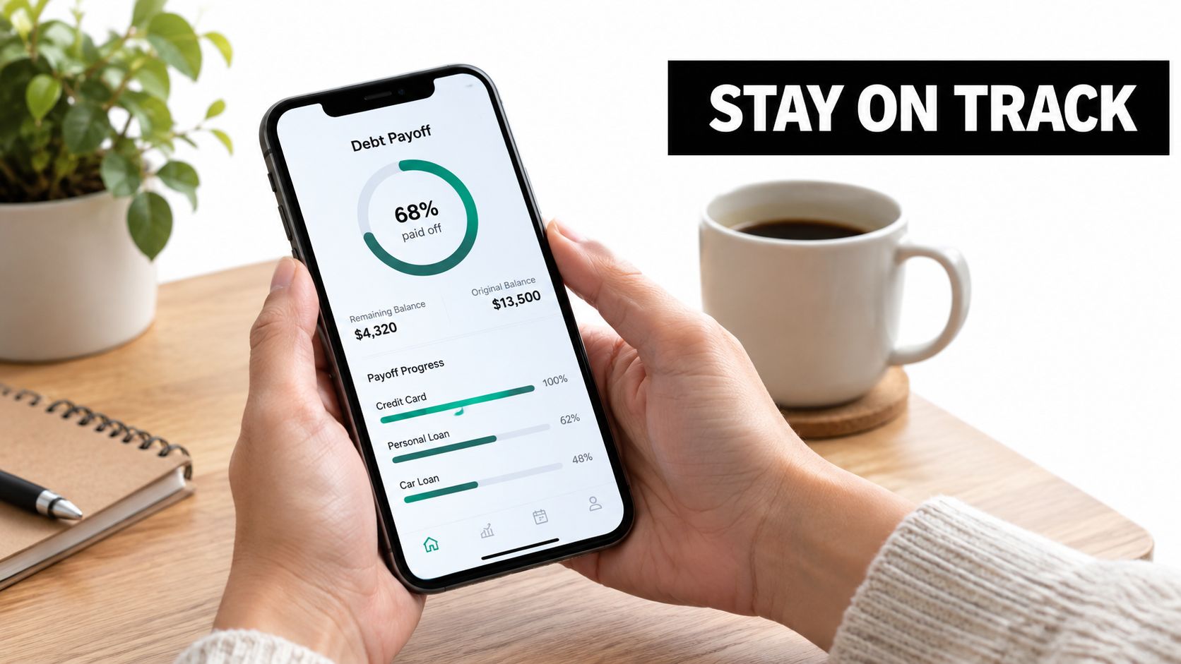 A person holding a smartphone displaying a debt payoff progress tracking application on a wooden desk.
