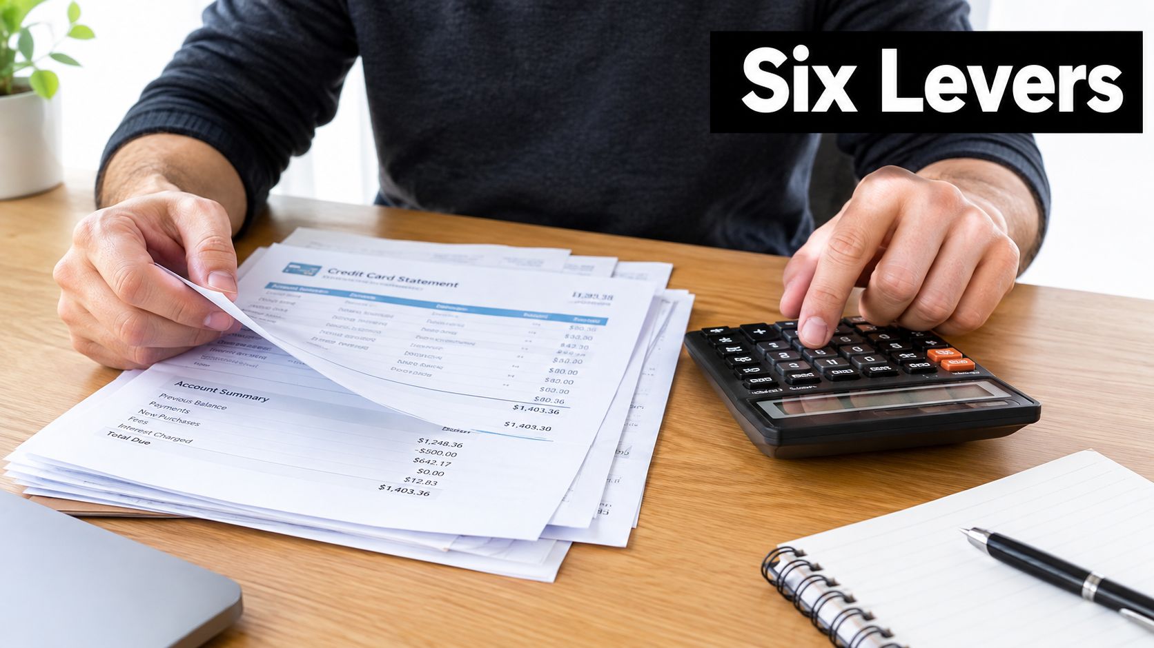 A person reviewing a credit card statement with a calculator and notebook on an office desk.