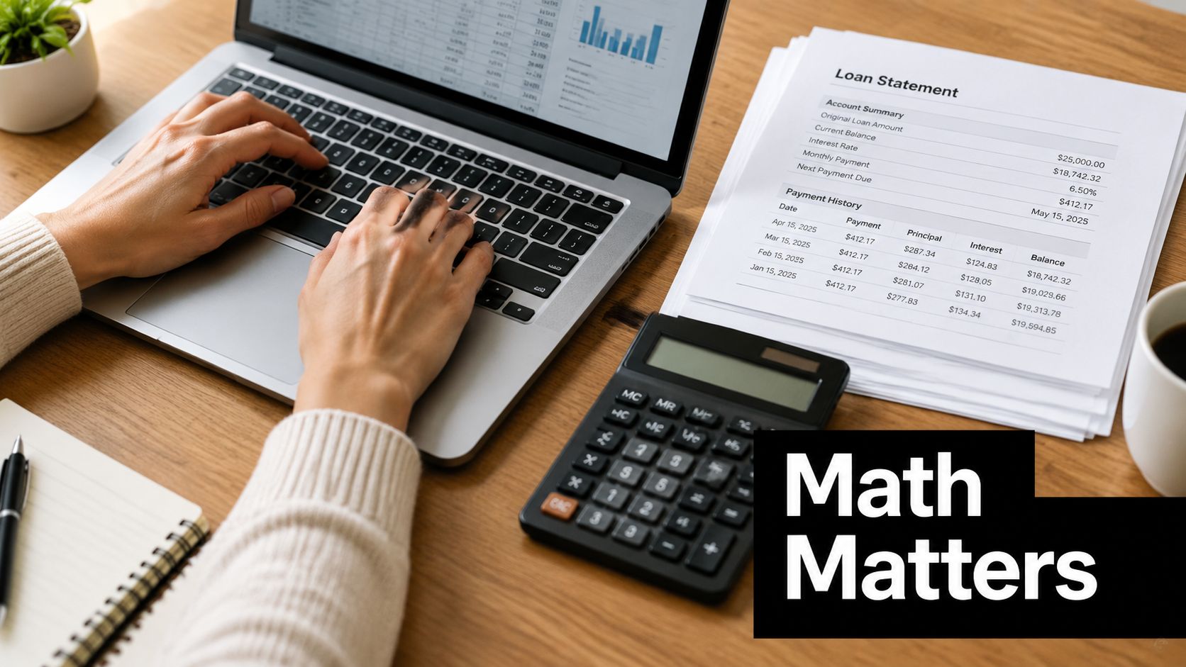 A person using a laptop and calculator to review a loan statement on a wooden desk.