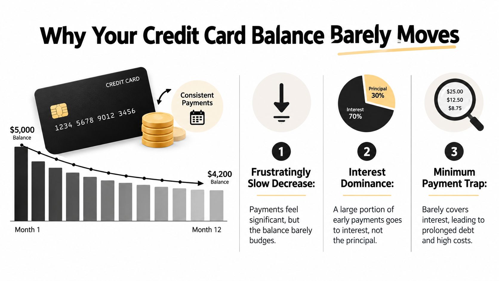 An infographic explaining why credit card balances decrease slowly due to interest dominance and minimum payment traps.