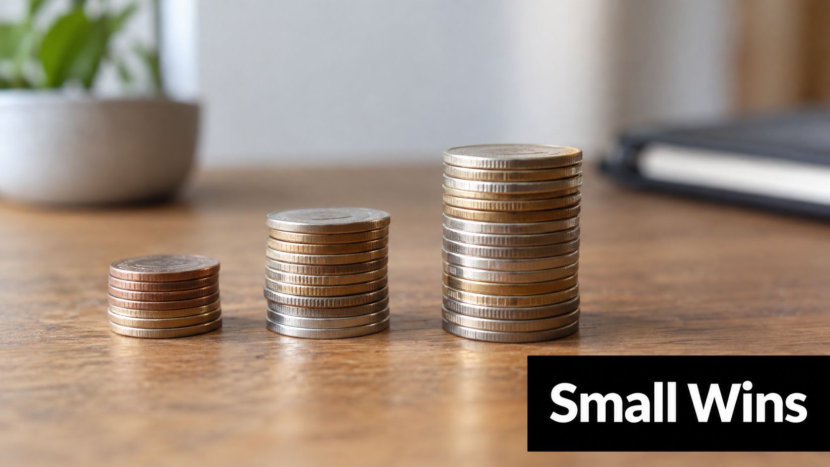 Three stacks of coins of varying heights sit on a wooden table, symbolizing small financial savings.