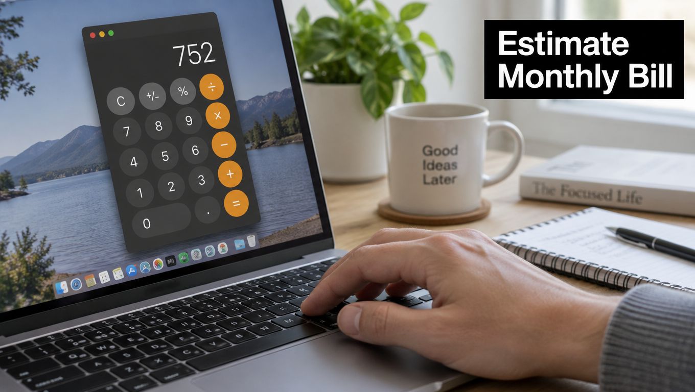 A person using a laptop to calculate financial expenses with a digital calculator displayed on the screen.
