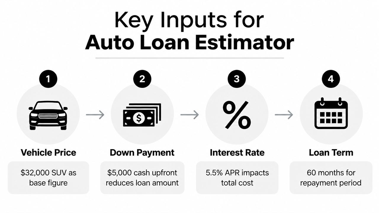 A diagram outlining four key inputs for an auto loan estimator including price, down payment, interest, and term.
