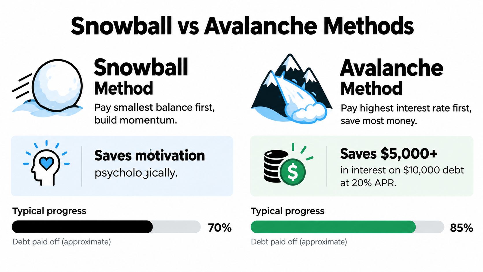 A comparison chart showing the Snowball and Avalanche methods for paying off debt and saving money.