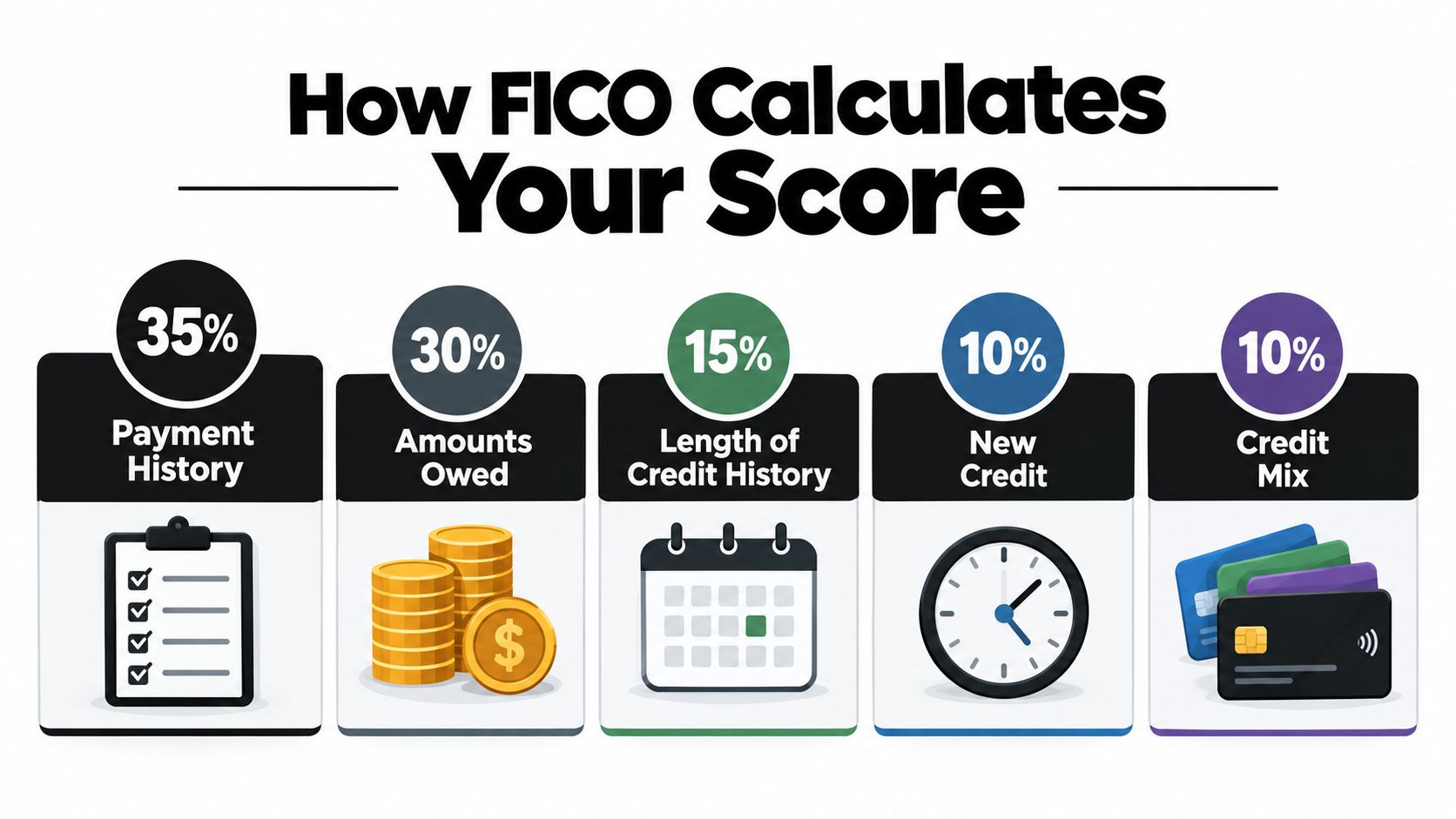 An infographic showing the five components and percentages that make up a FICO credit score calculation.