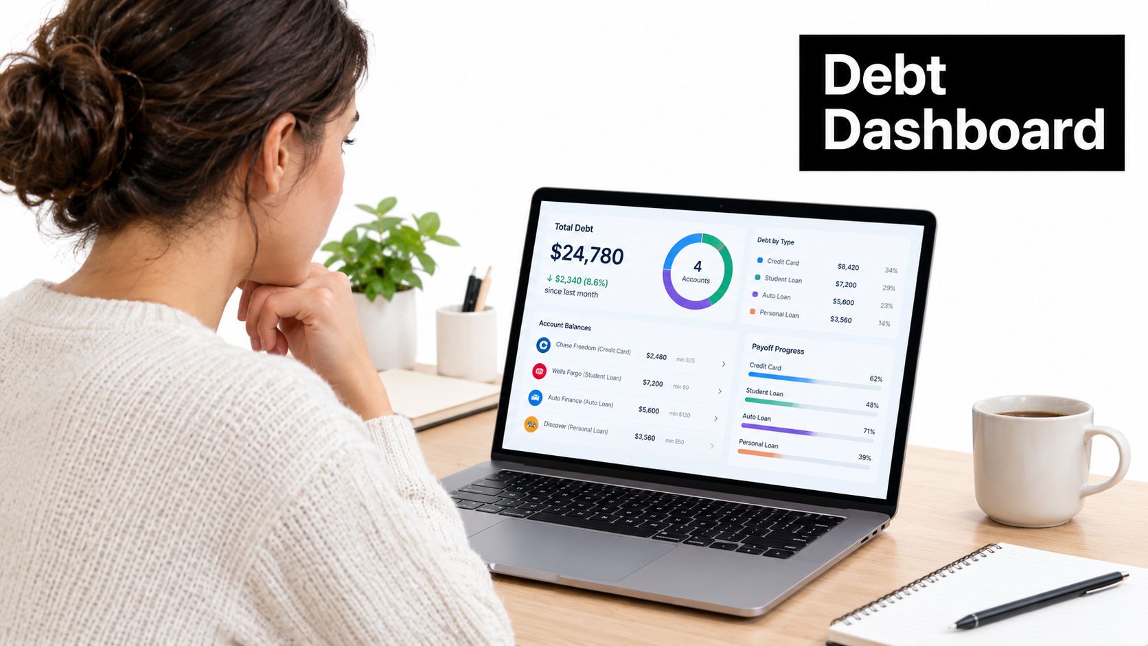 A woman reviewing her personal debt dashboard on a laptop computer while sitting at a desk.