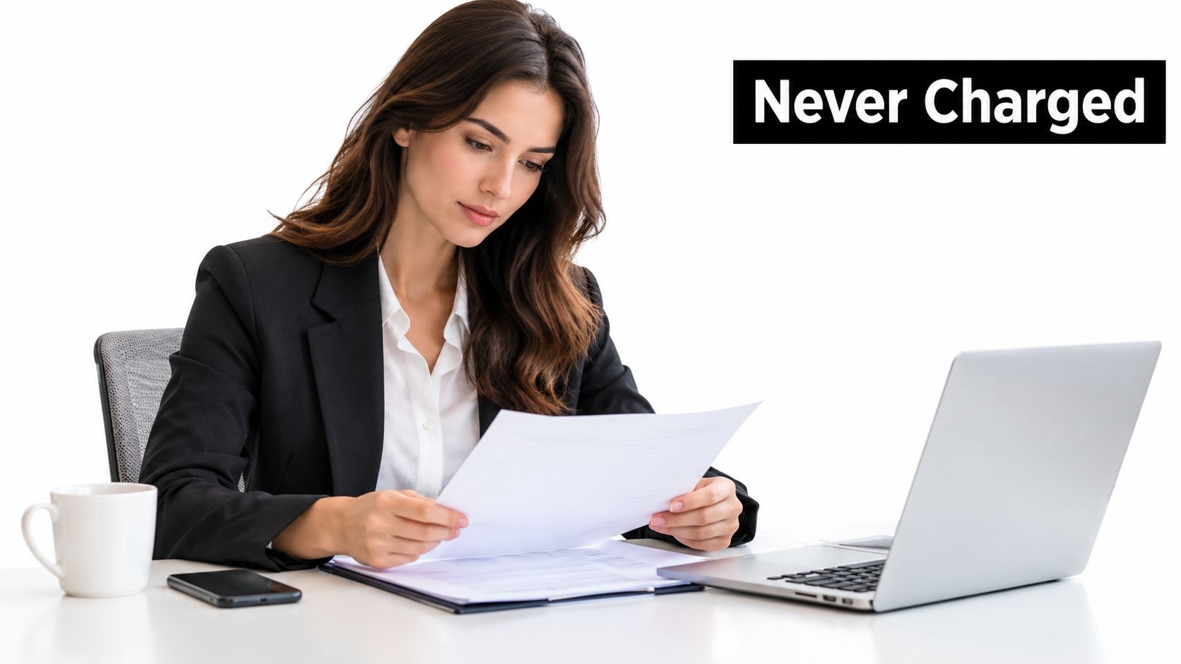 A professional woman in a suit reviewing documents while working at her desk with a laptop.