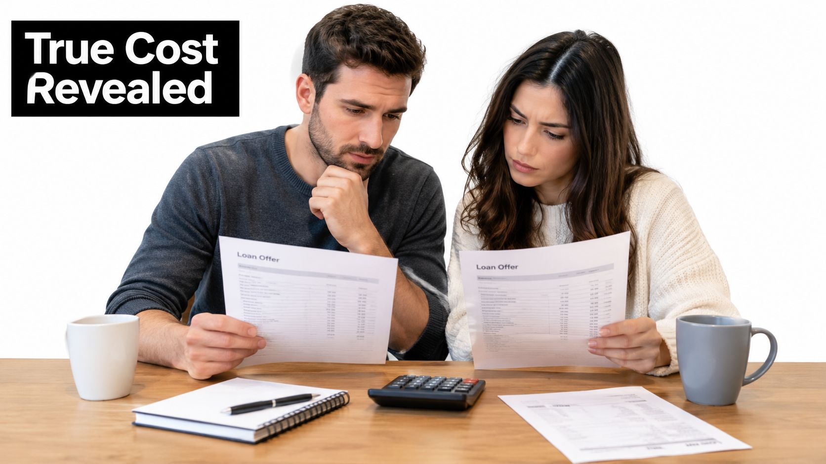 A concerned couple sitting at a wooden table reviewing loan offer documents with a calculator and coffee.
