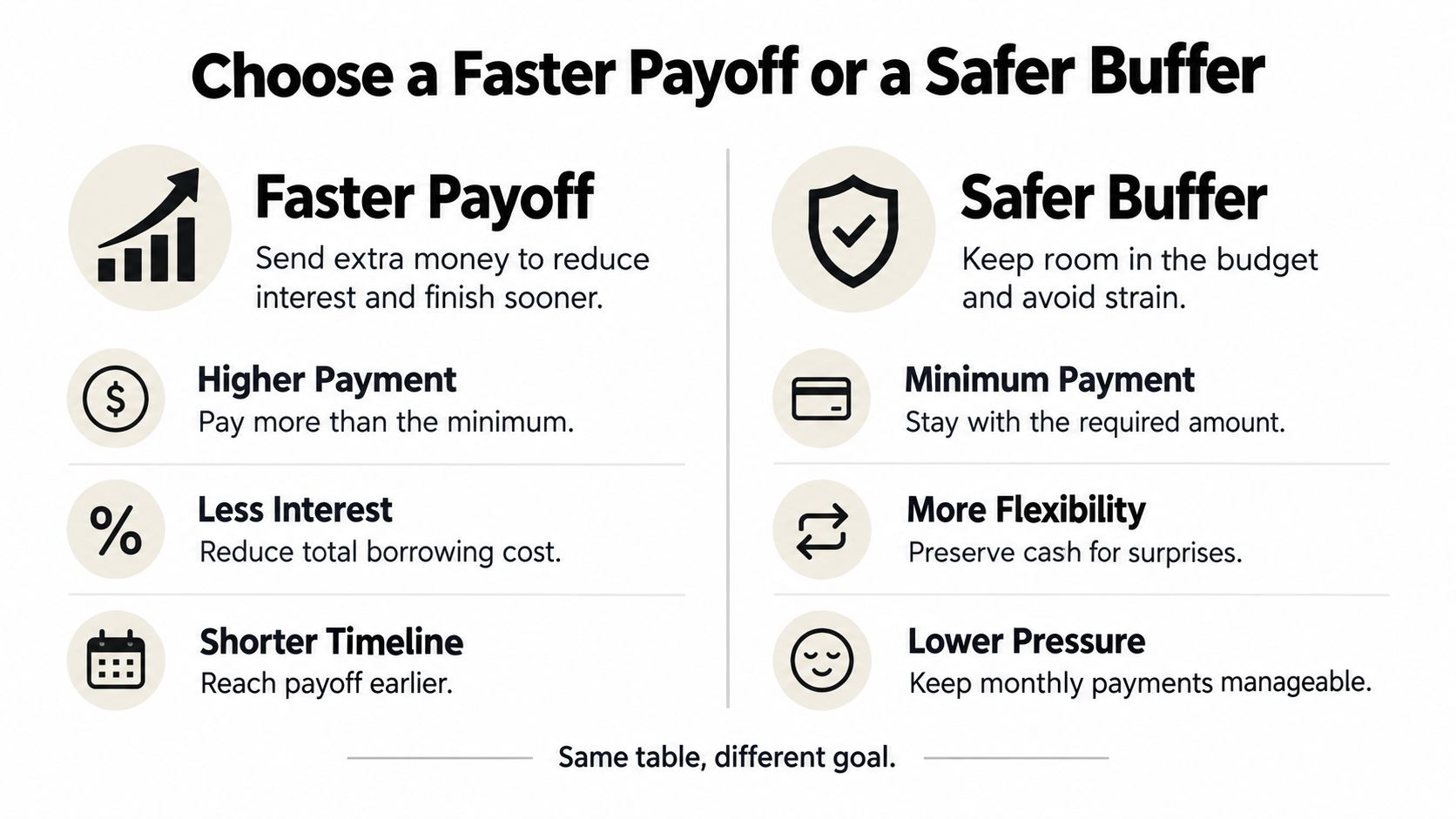 A comparison chart showing two approaches to loan repayment: faster payoff for interest savings or safer buffer for flexibility.