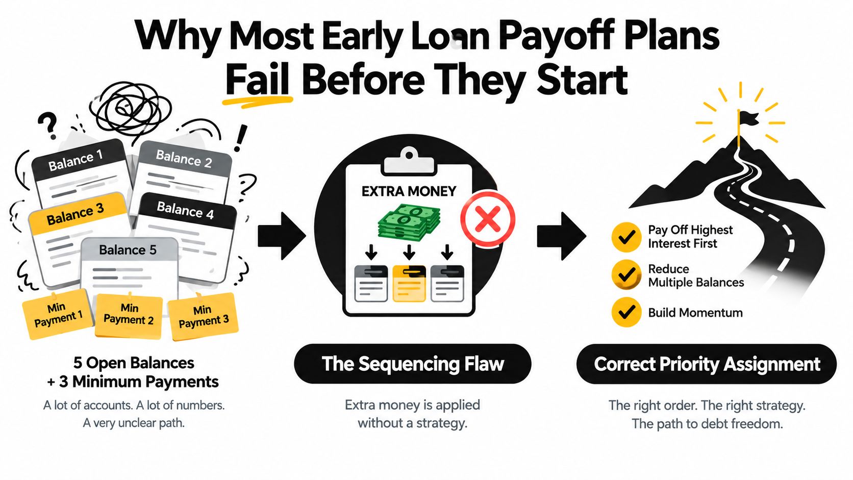A diagram illustrating why early loan payoff plans fail and how to correctly prioritize debt payments.
