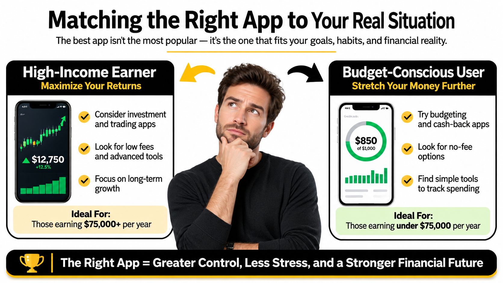 A person choosing between investment apps for high earners and budgeting apps for budget-conscious users.