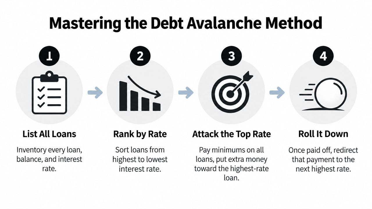 A four-step infographic illustrating how to use the debt avalanche method to pay off loans efficiently.