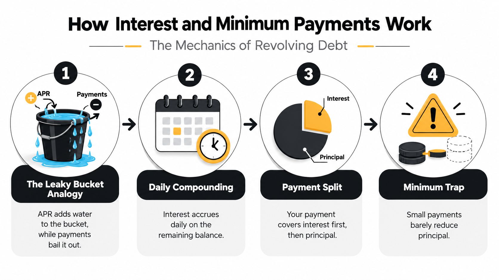 An infographic explaining the mechanics of revolving debt through four steps: leaky bucket analogy, daily compounding, payment split, and minimum trap.