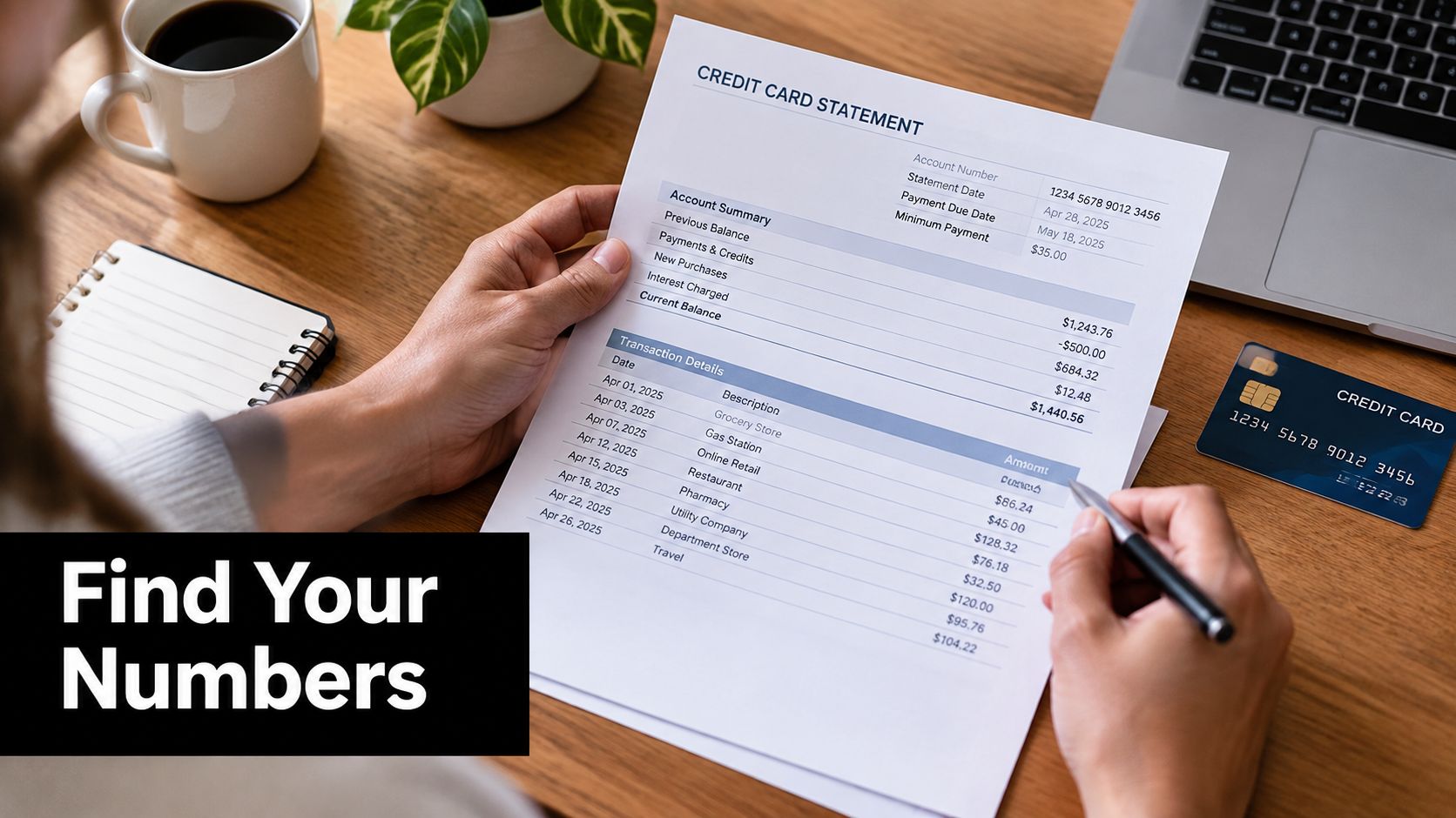 A person reviews a credit card statement at a wooden desk with a laptop and credit card.