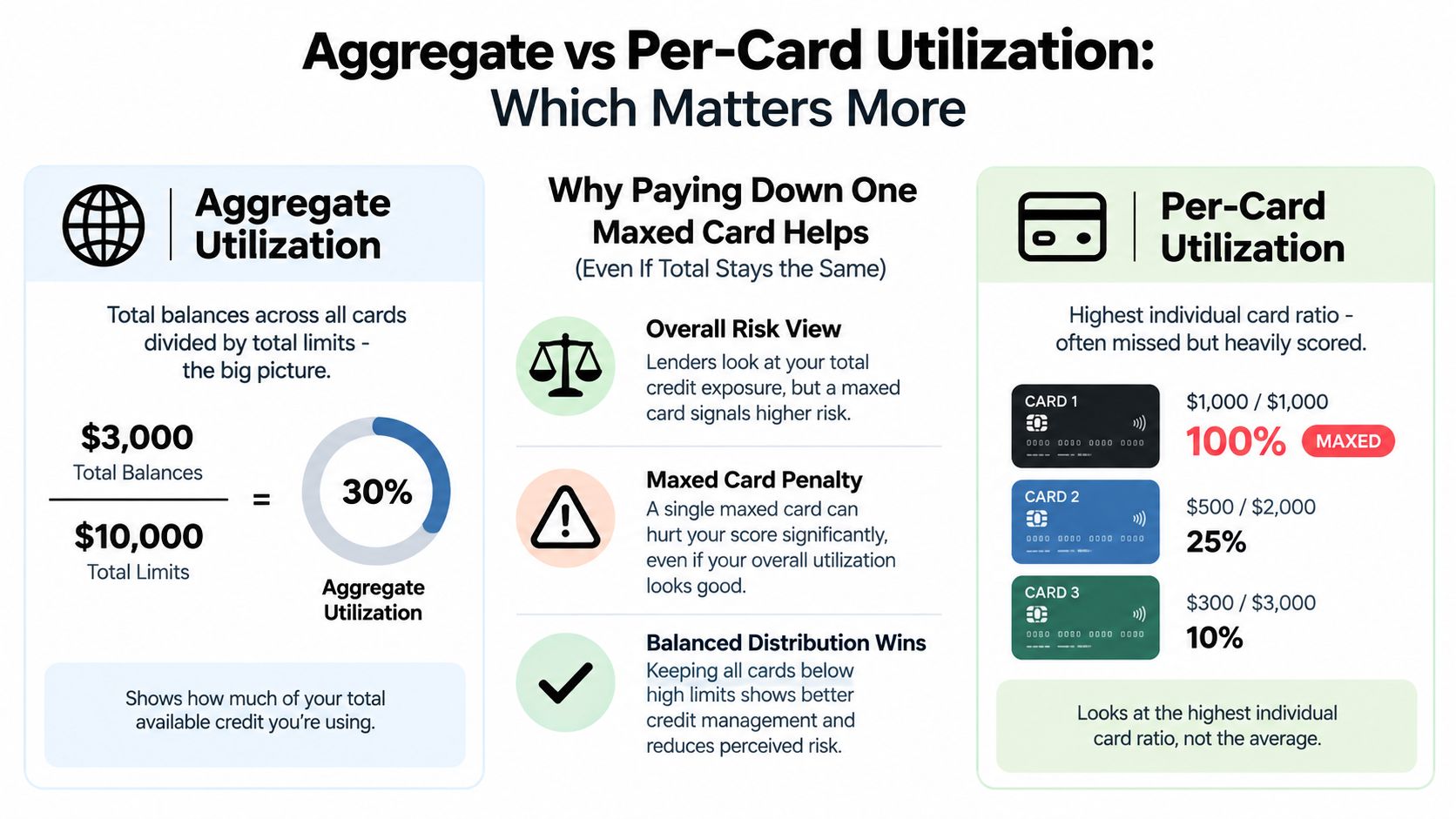 A comparison infographic between aggregate and per-card credit utilization, explaining how card usage affects credit scores.