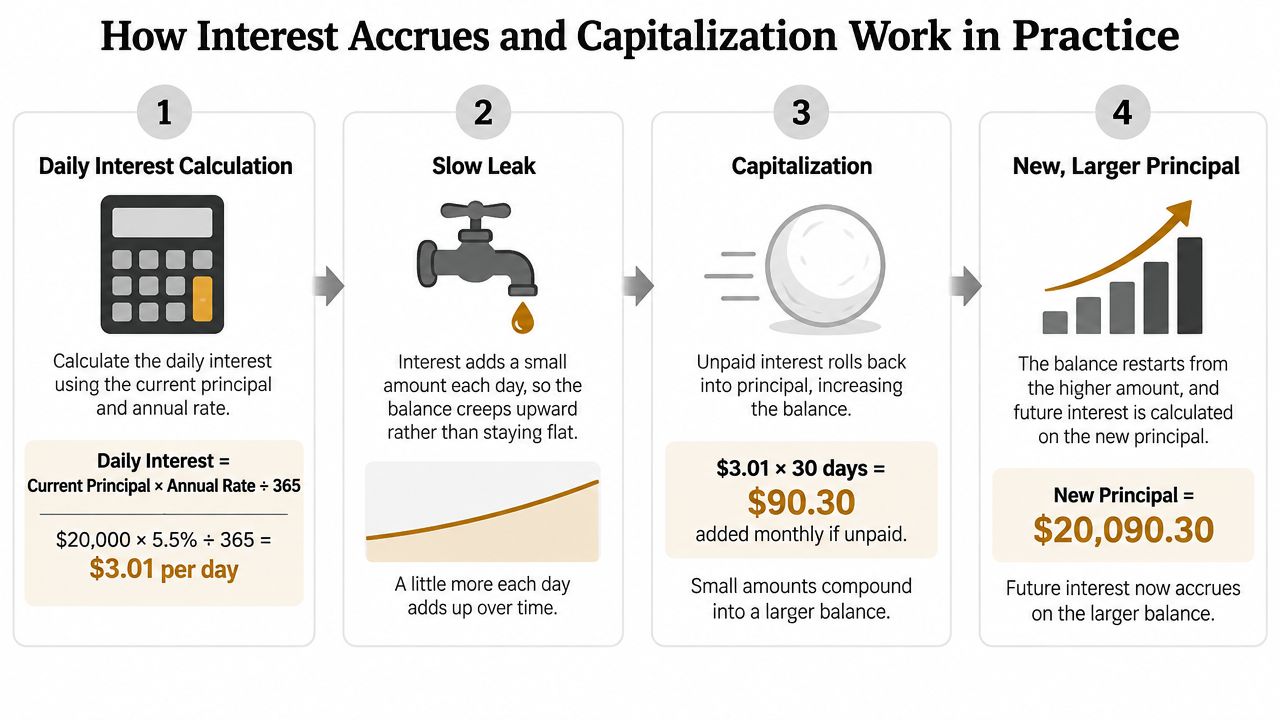 A four-step infographic illustrating how interest accrues and capitalizes on student loans, increasing the total principal balance.