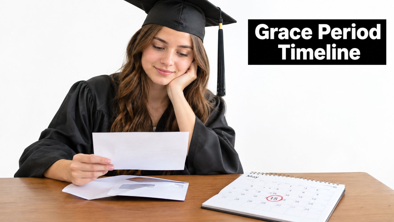 A smiling graduate in cap and gown reads a letter while looking at a calendar date.