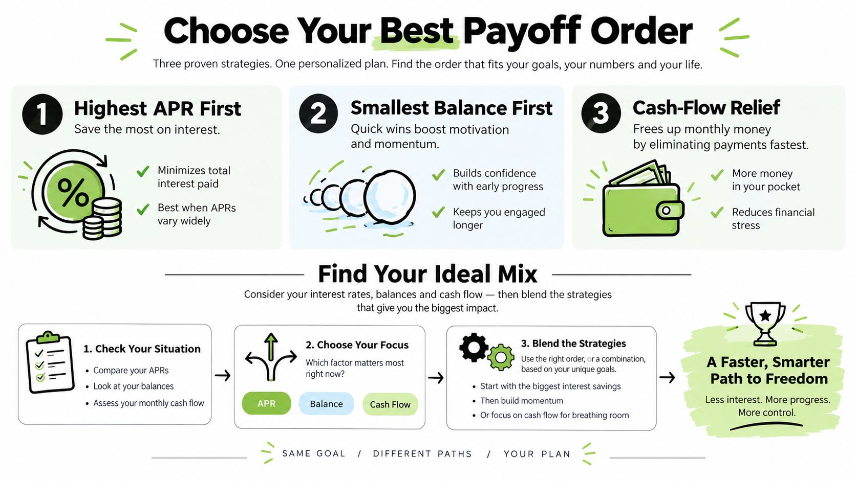 A visual guide explaining three debt payoff strategies including highest APR, smallest balance, and cash-flow relief methods.