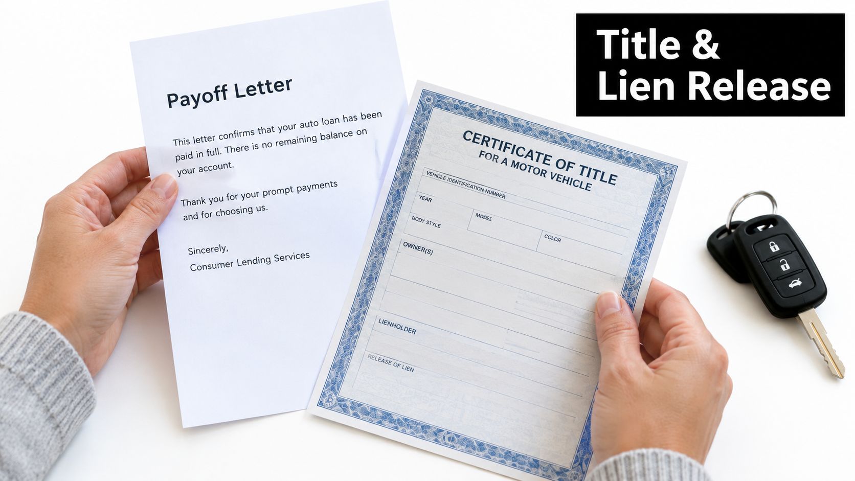 A person holding a car loan payoff letter and a vehicle certificate of title with car keys.