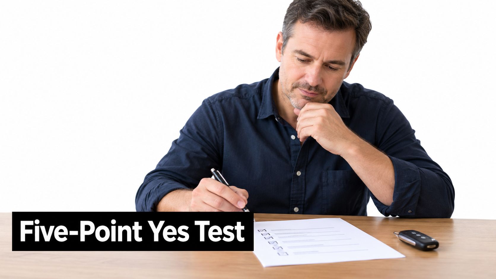 A middle-aged man sitting at a desk filling out a Five-Point Yes Test form with a pen.