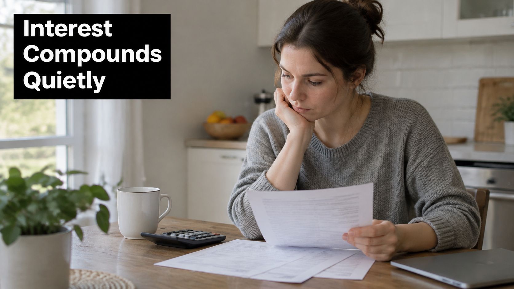 A young woman thoughtfully reviewing financial documents and papers while sitting at her kitchen table.