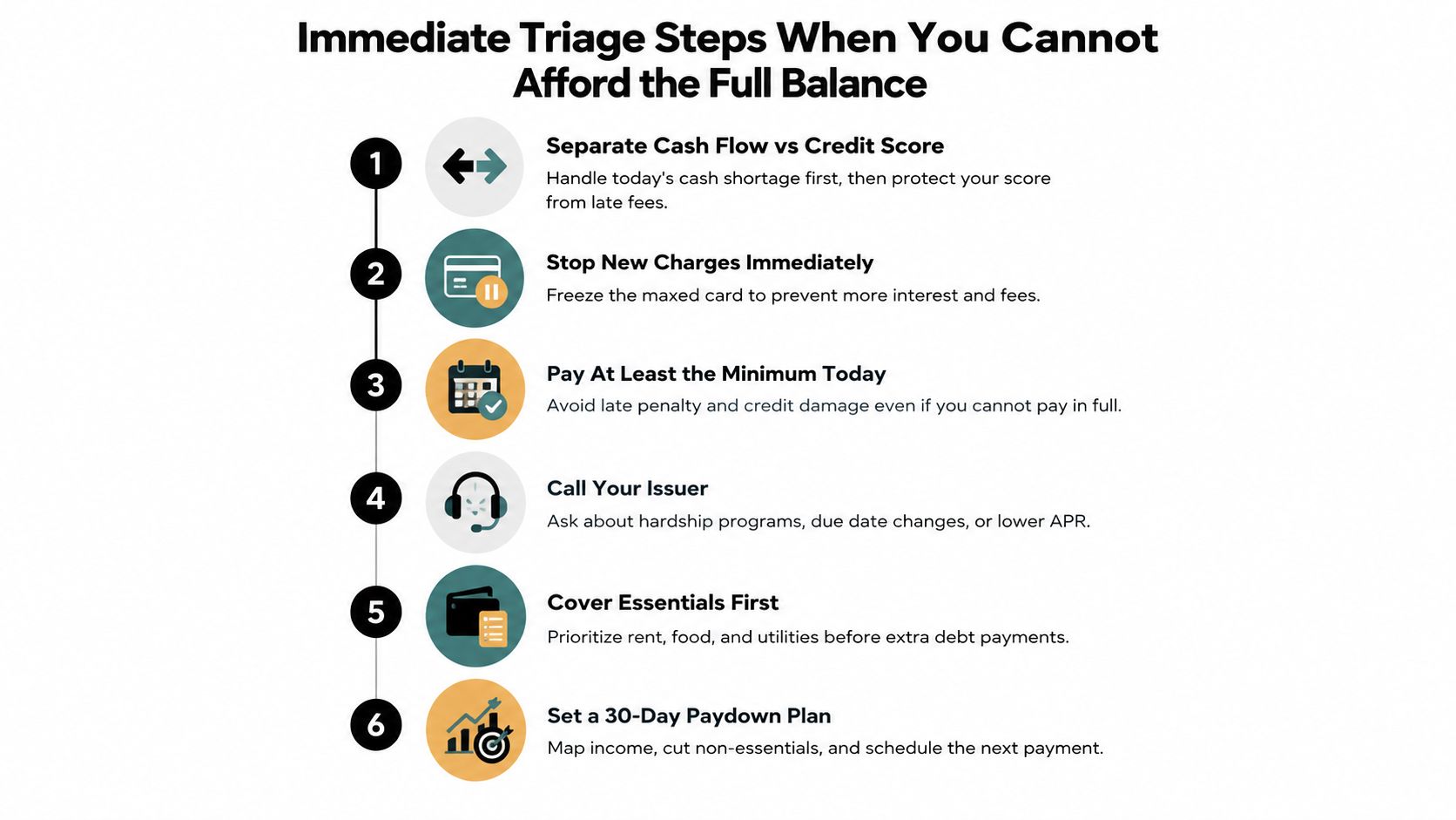 A six-step infographic detailing immediate actions to take when you cannot pay your credit card bill.