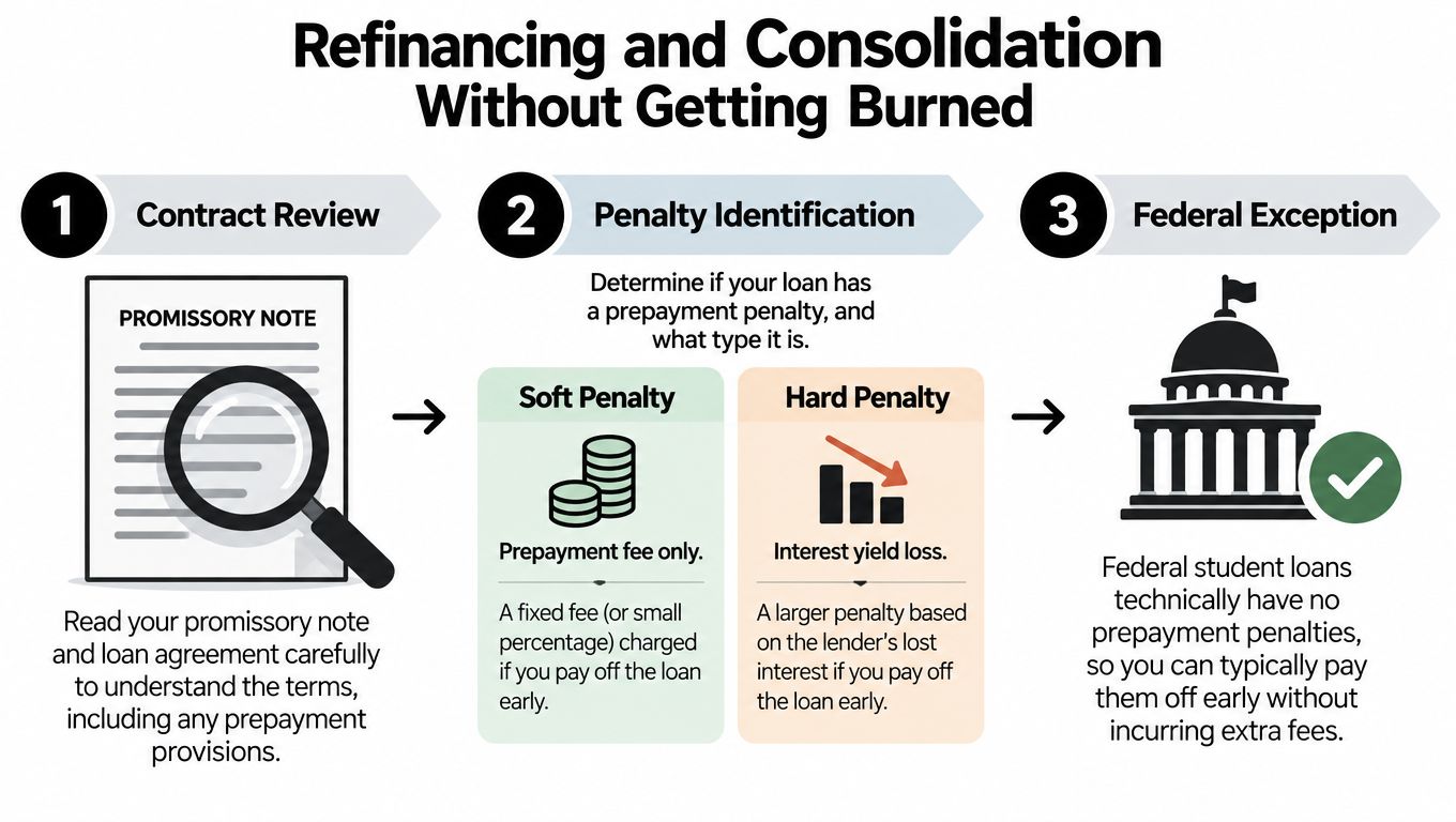 An infographic showing a three-step guide on how to avoid prepayment penalties when refinancing or consolidating loans.