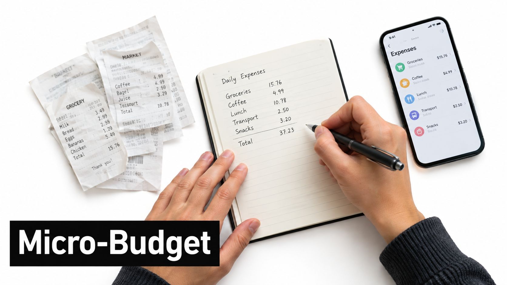 A person writing down daily expenses in a notebook while using a mobile finance tracking application.