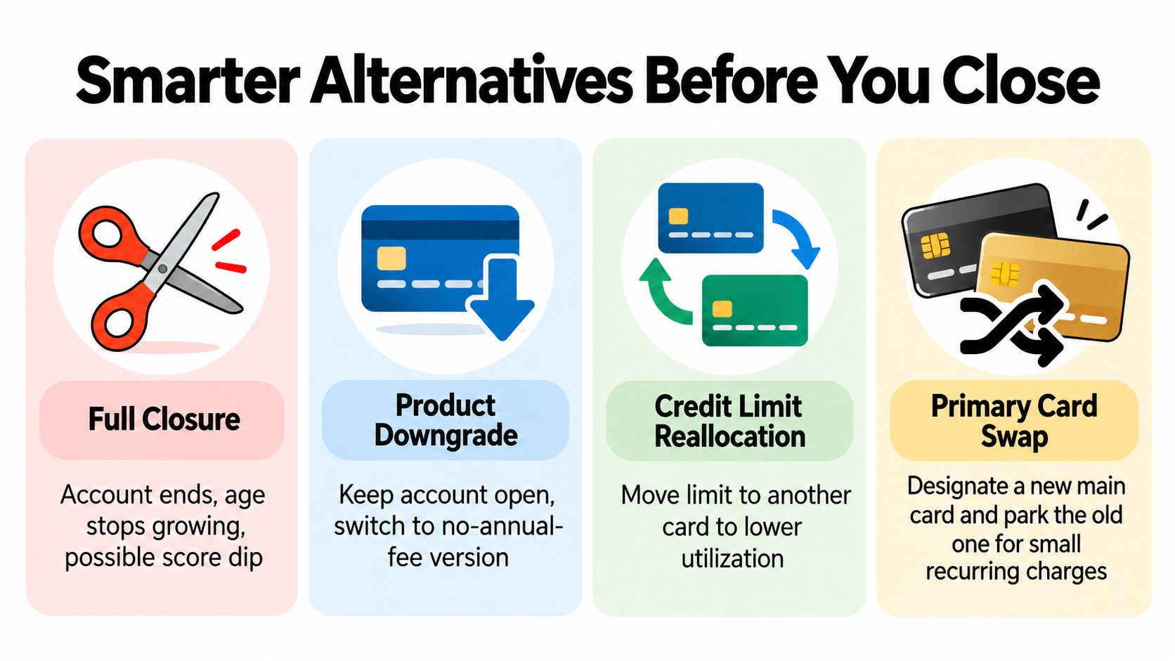 An infographic showing four smart alternatives to closing a credit card account to preserve credit health.