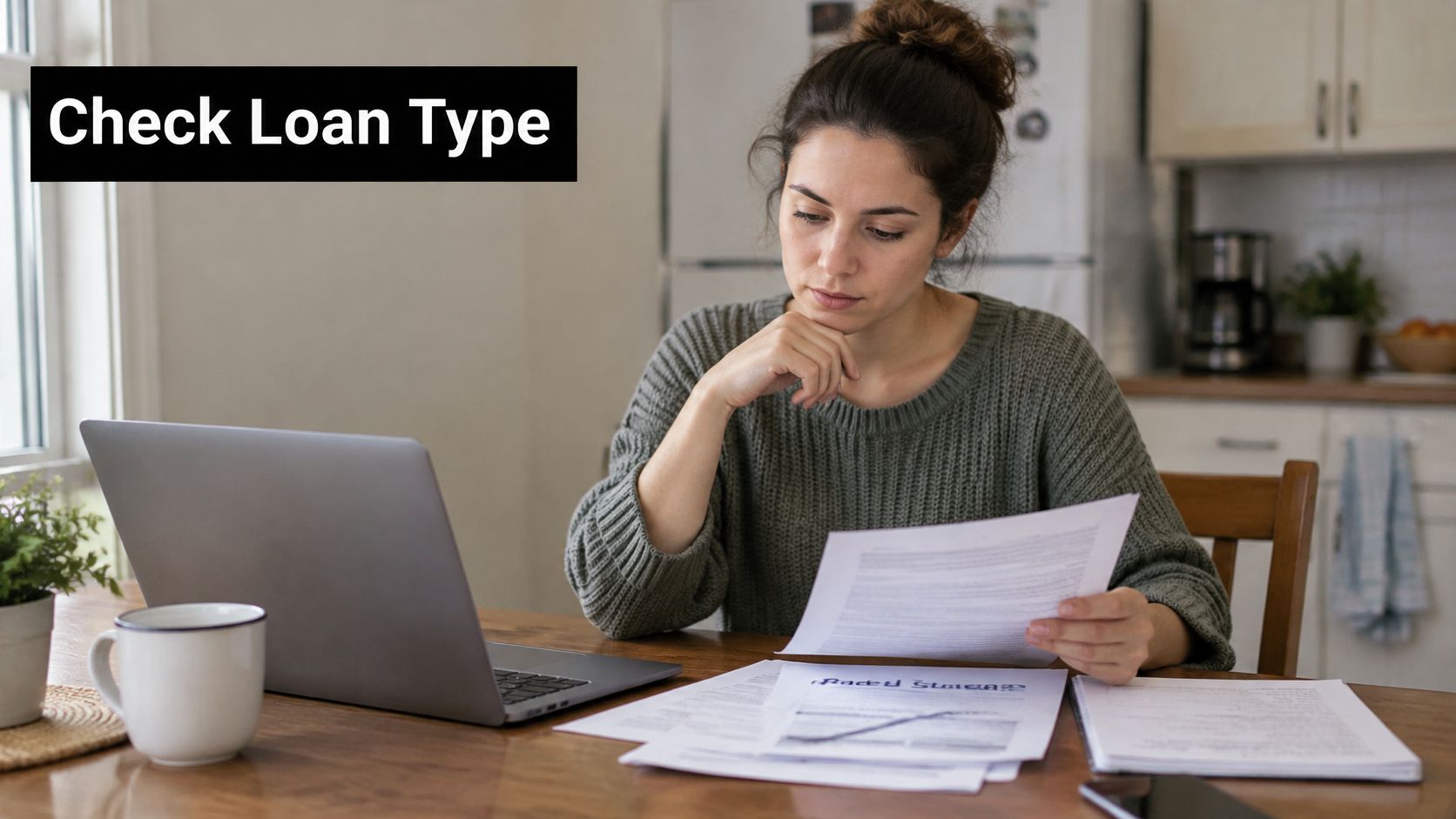 A focused woman sitting at a table with a laptop, reviewing important loan documents in her kitchen.