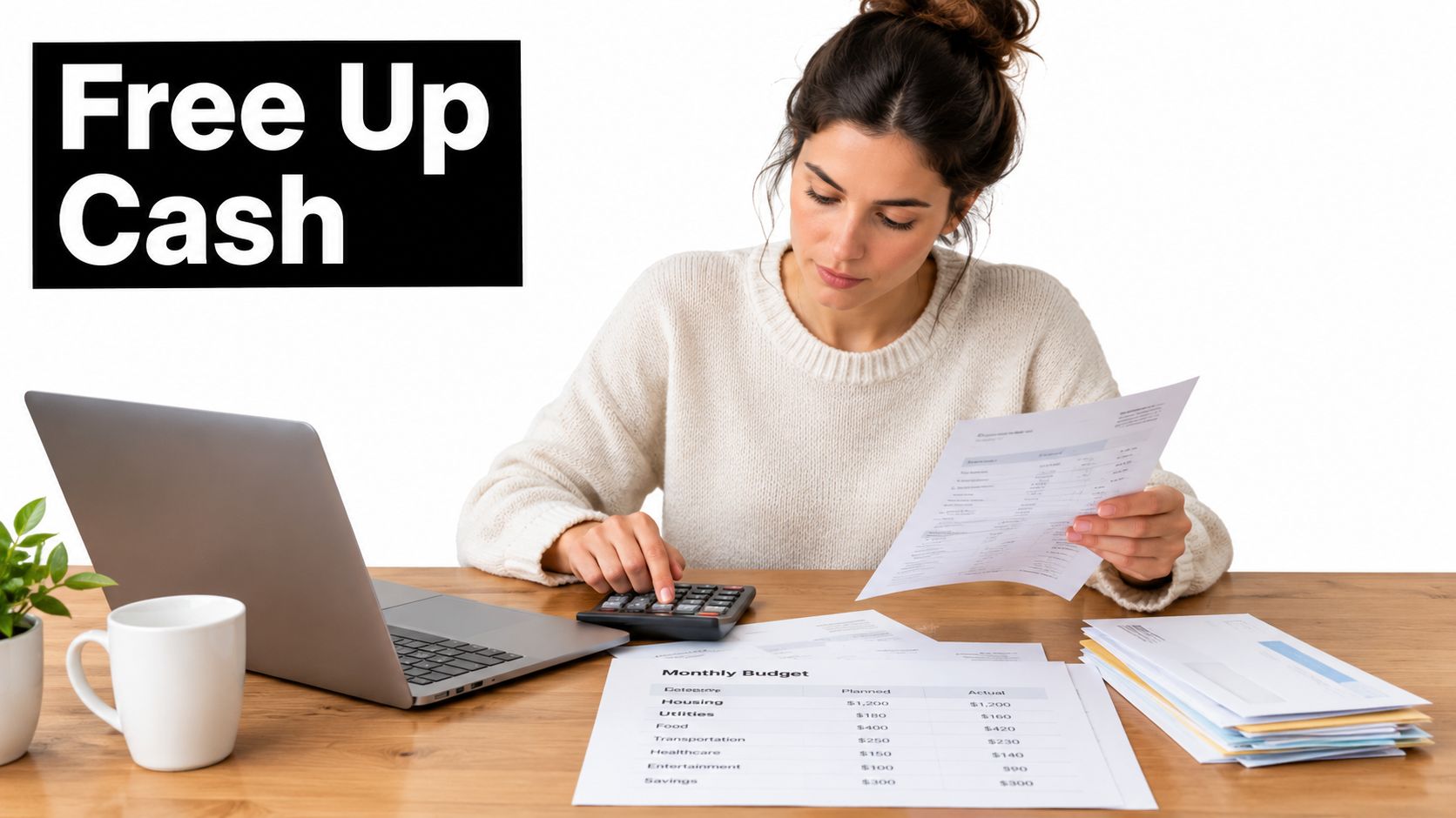 A woman reviewing her monthly budget on paper with a calculator and laptop at a desk.
