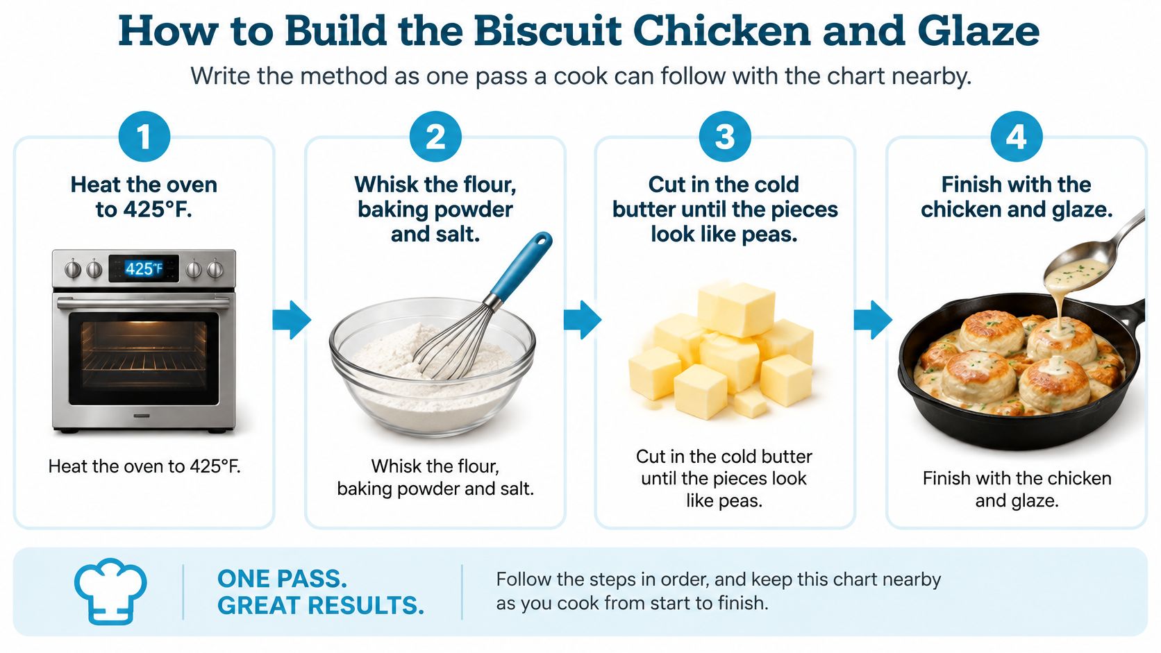 A four-step instructional infographic showing how to prepare biscuit chicken and glaze with simple culinary steps.