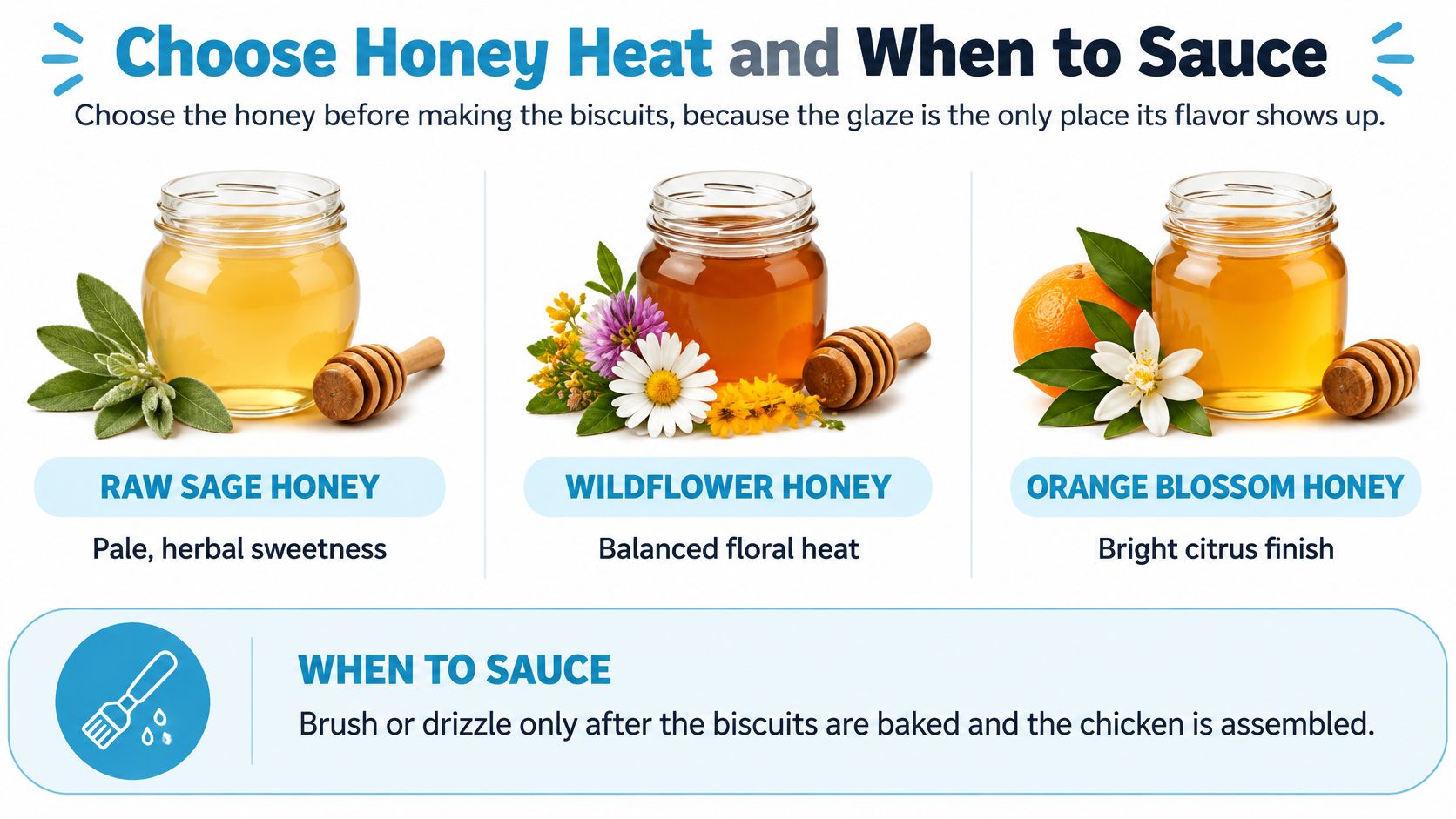 A guide showing three types of honey for hot honey chicken biscuits including raw sage, wildflower, and orange blossom.