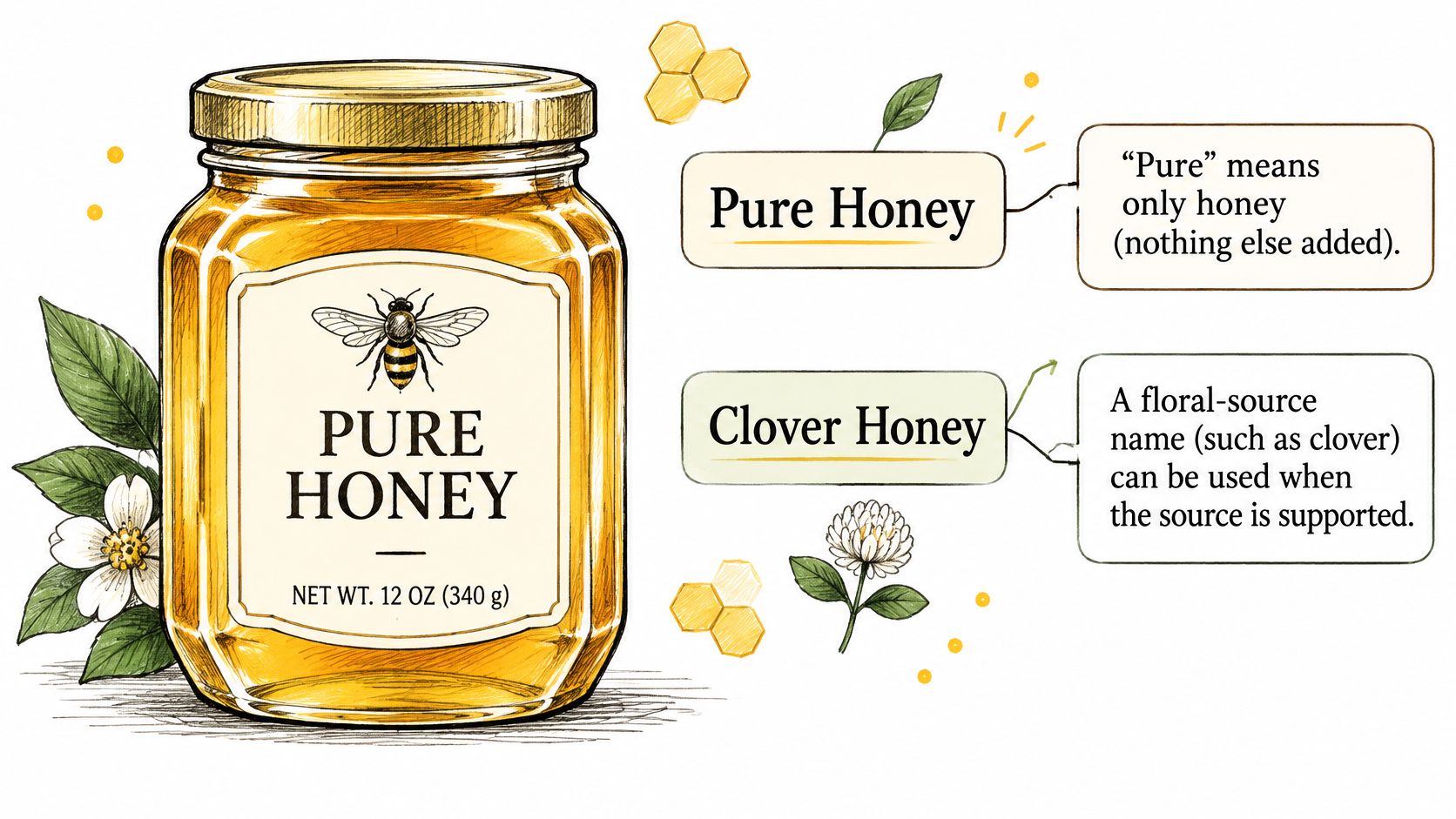 An illustration of a glass jar of pure honey with labels explaining the meaning of pure and clover honey.