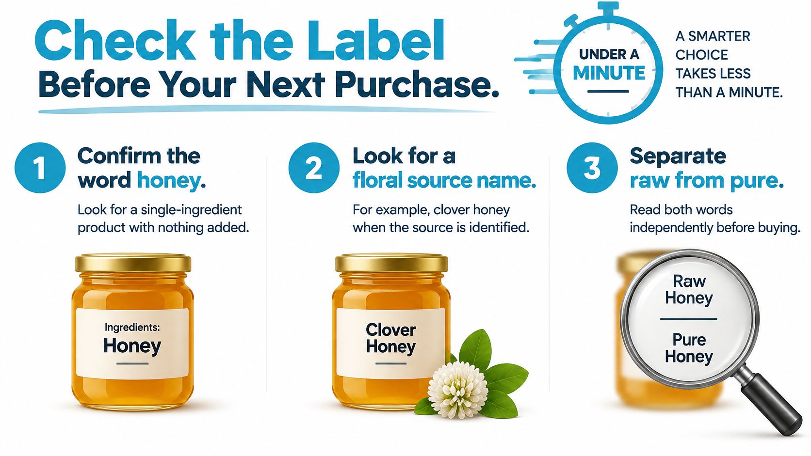 An infographic showing three steps to check honey labels to distinguish between raw and pure honey types.