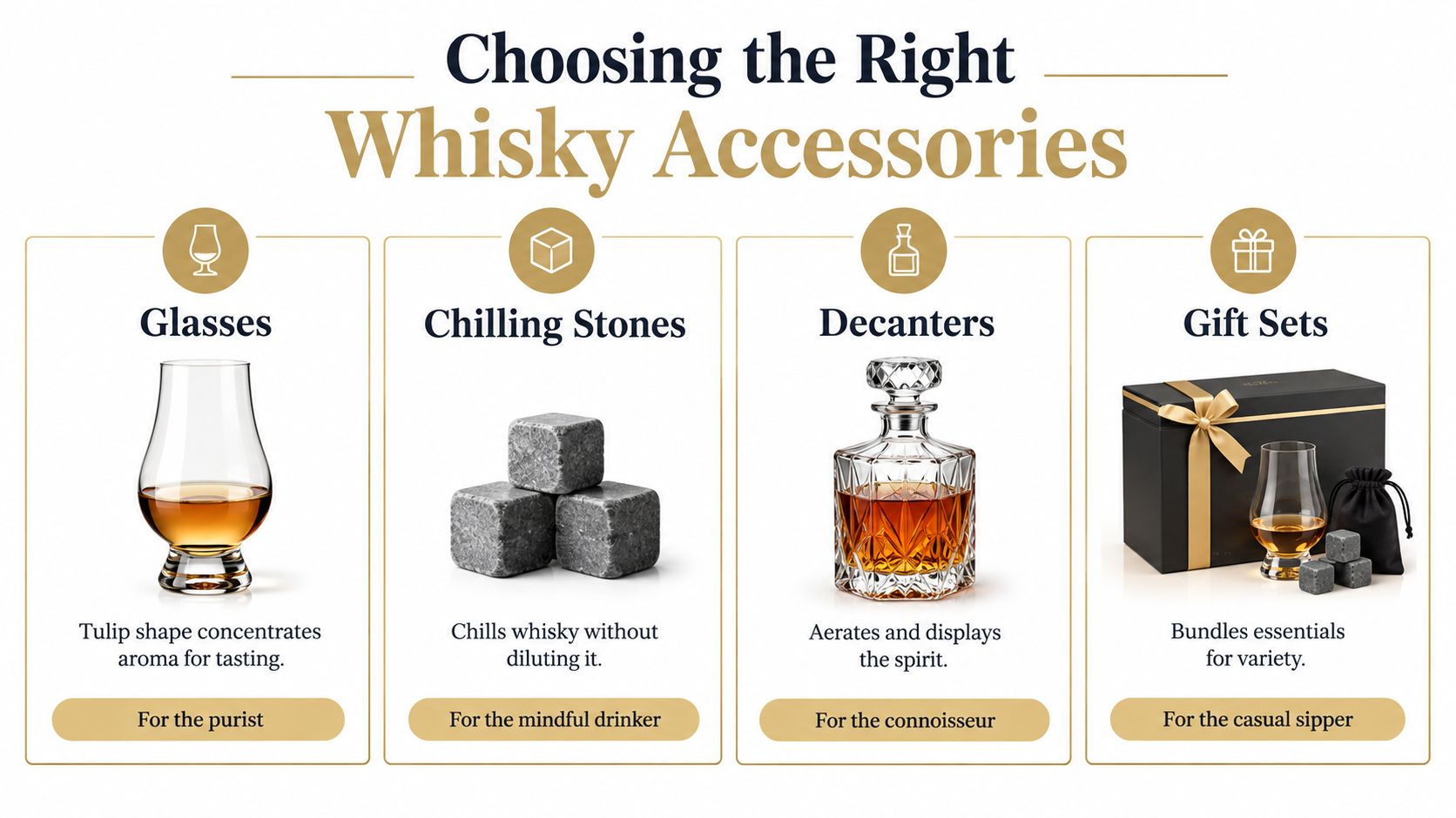 An infographic displays four essential whisky accessories: glasses, chilling stones, decanters, and gift sets.