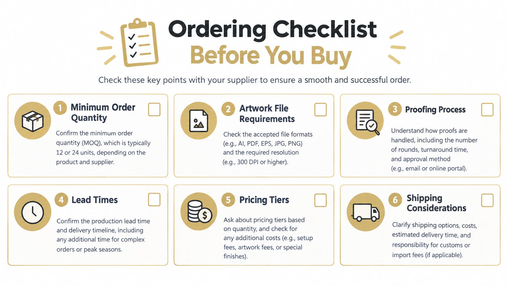 A checklist showing six important steps for placing business orders to ensure a successful purchasing process.