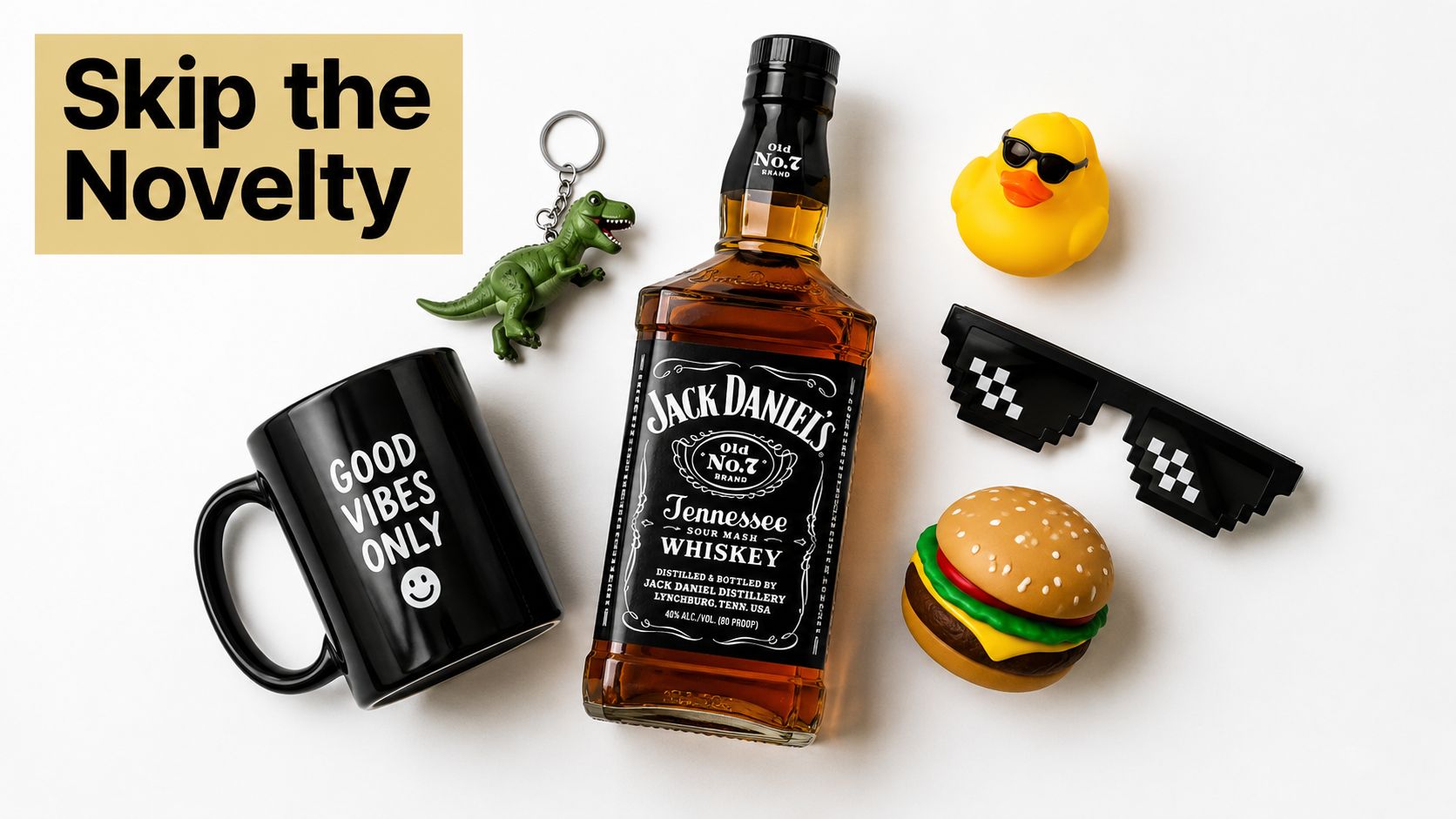 A Jack Daniel's Tennessee whiskey bottle surrounded by novelty items like a mug, toy, and sunglasses.