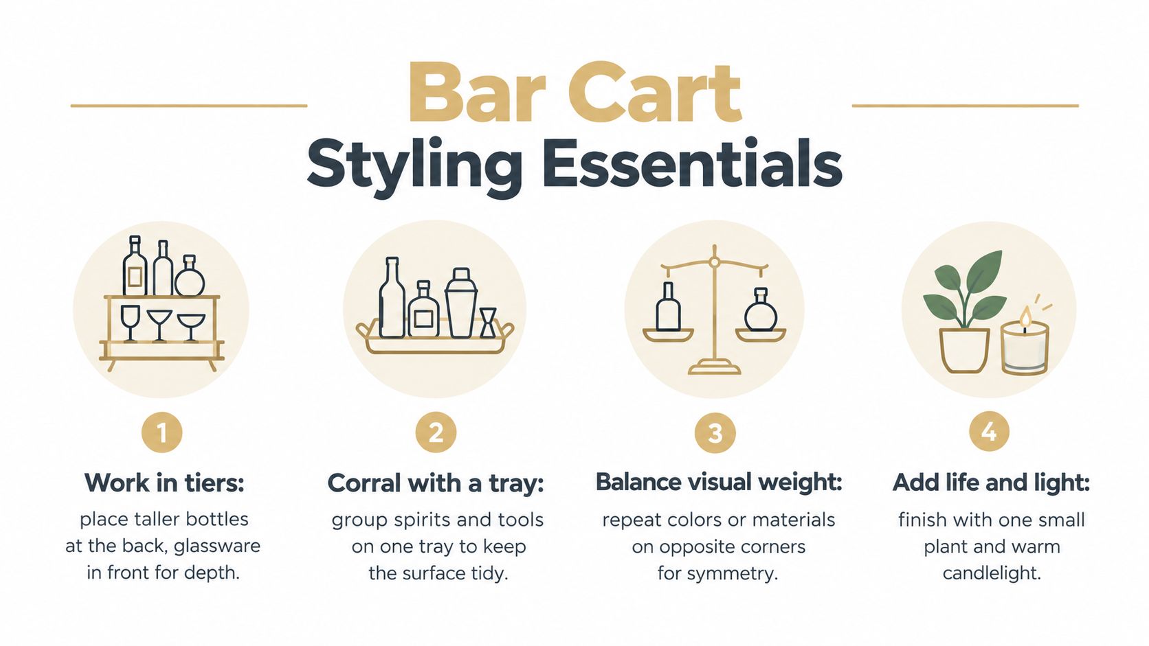 An infographic titled Bar Cart Styling Essentials showing four steps to decorate a bar cart with accessories.