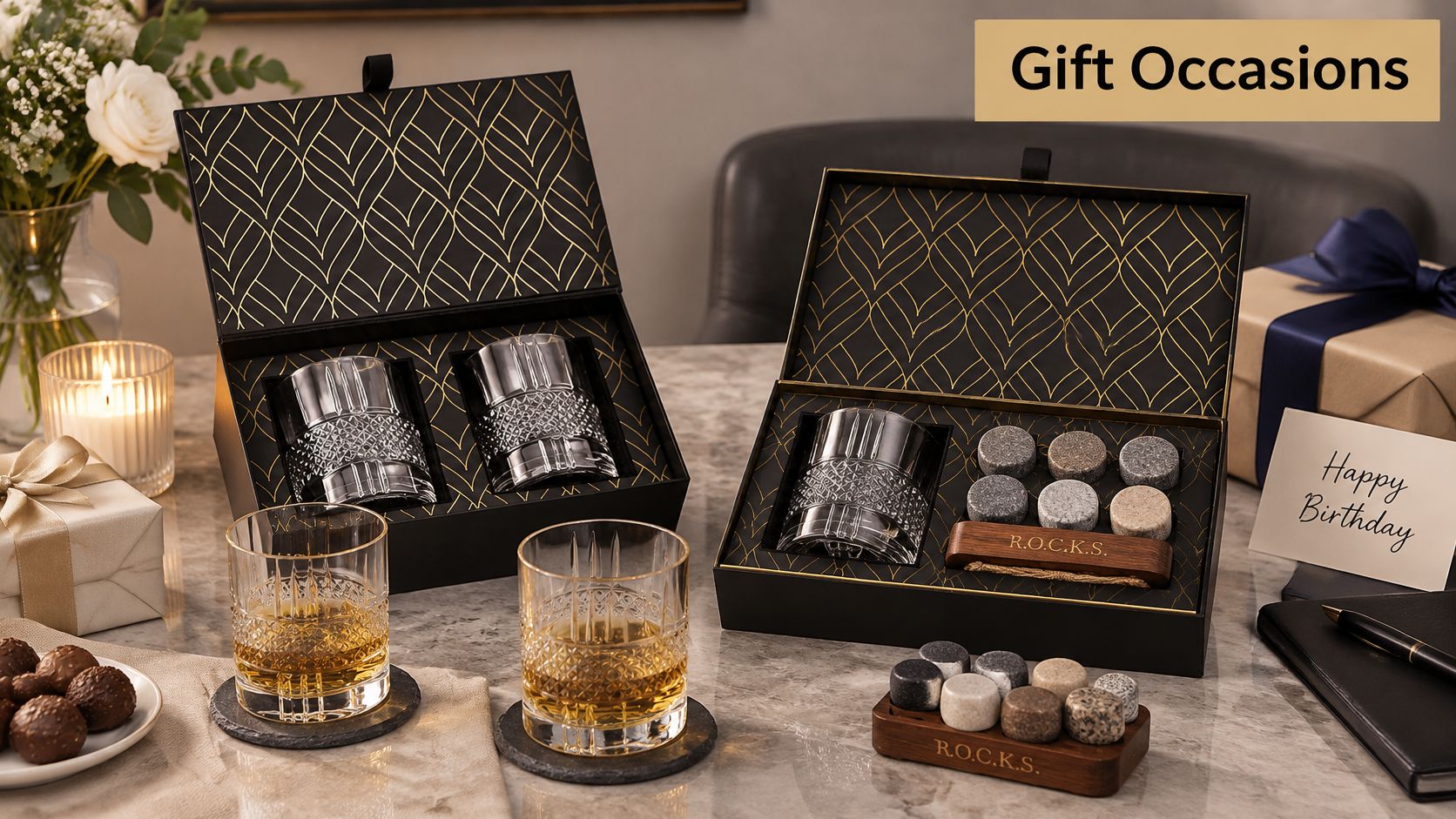 A sophisticated whiskey gift set with etched star glasses, cooling stones, and chocolates on a marble table.