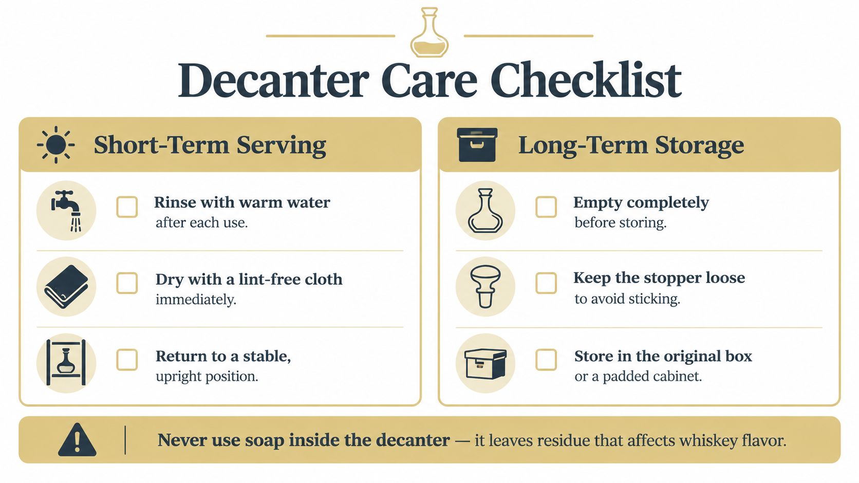 A helpful infographic outlining the essential steps for cleaning and storing a glass whiskey decanter properly.