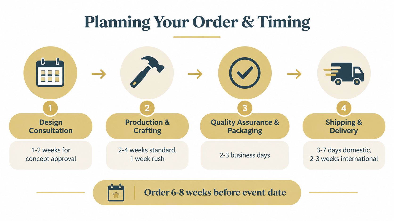 A four-step infographic illustrating the order planning and timeline process for custom military gifts.